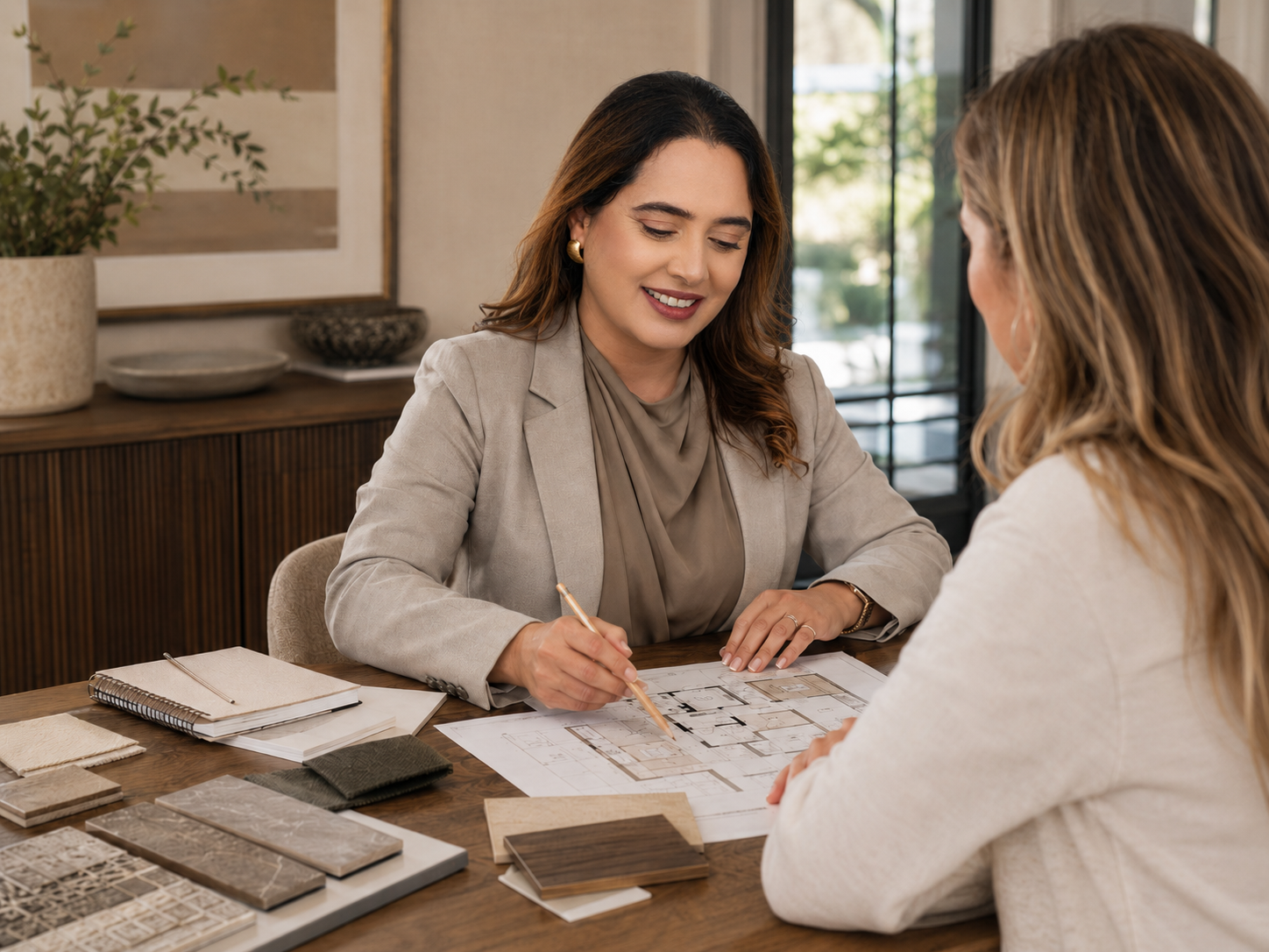 Interior designer and homeowner reviewing renovation plans during a design consultation