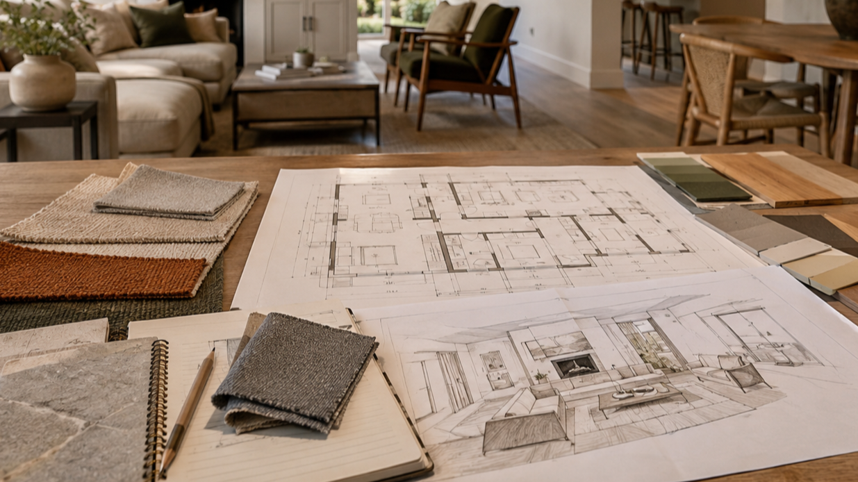 Interior design floor plans and material samples laid out for renovation planning