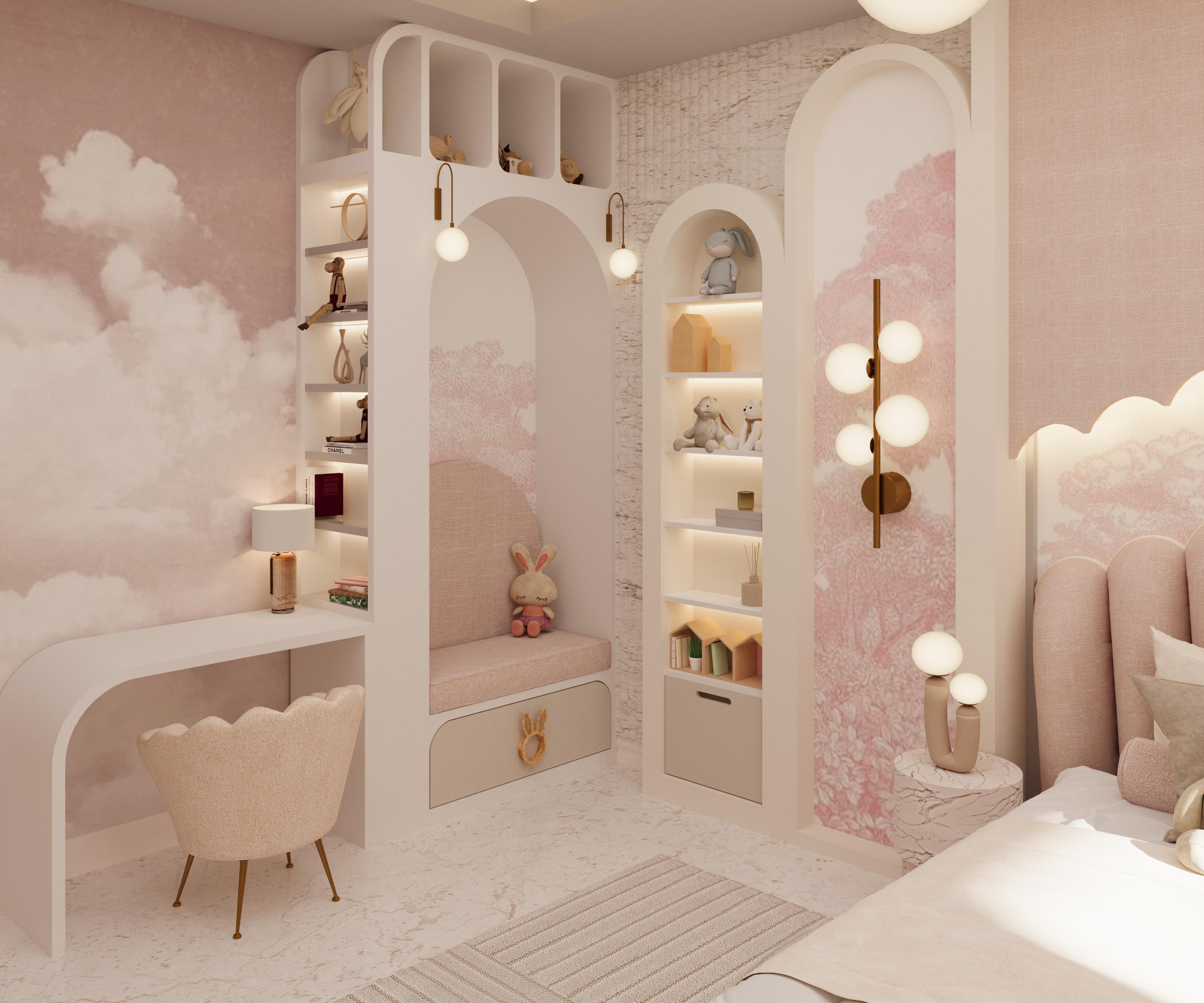 Children's bedroom design project in Leeds showcasing bespoke storage solutions, decorative cloud features and thoughtful space planning.