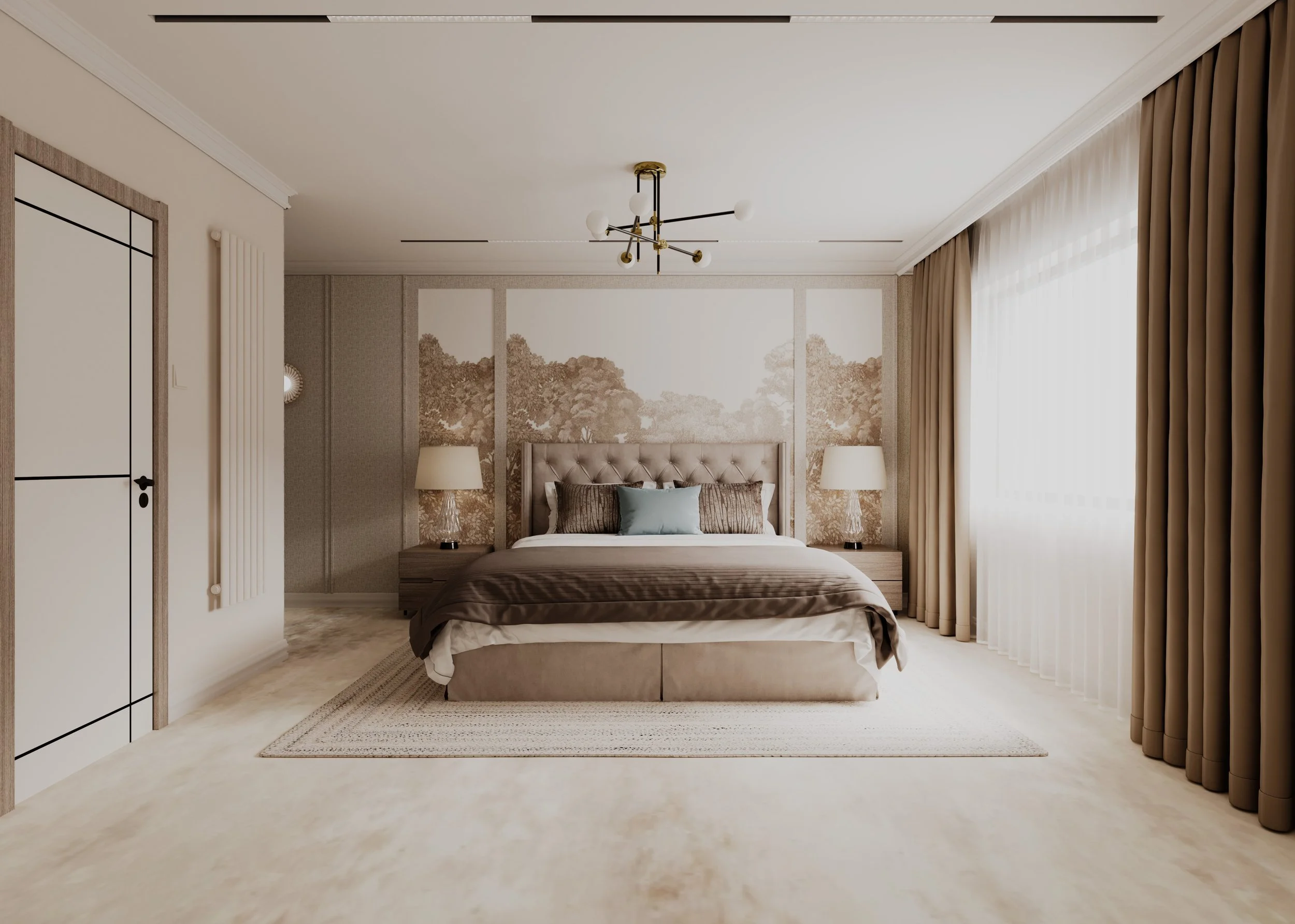 Modern bedroom with a large bed, beige headboard, two bedside tables with lamps, large window with floor-to-ceiling curtains, a wall mural of trees, and a geometric chandelier.