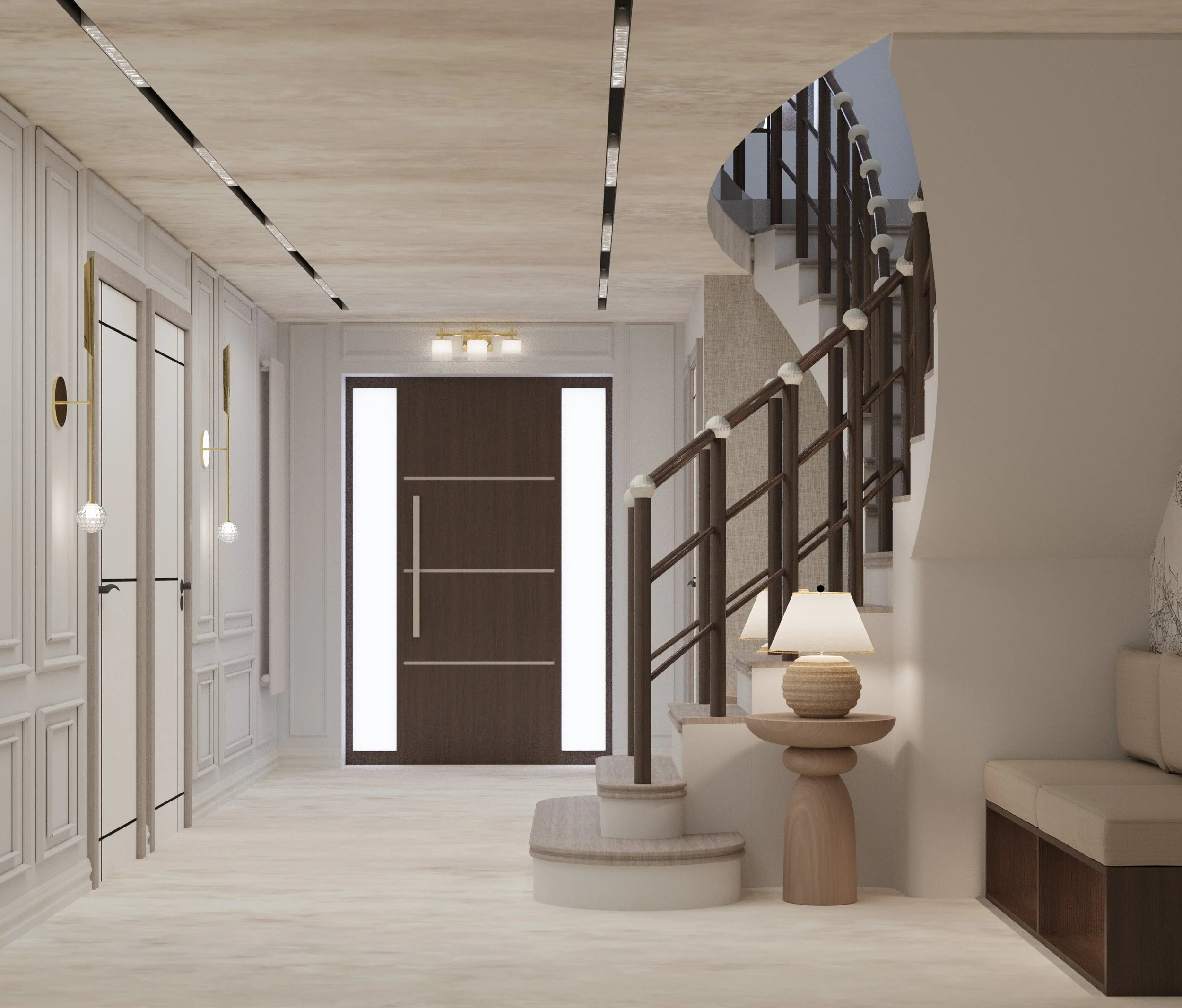 Luxury entrance hall interior design in Leeds featuring bespoke wall panelling, statement staircase design and elegant residential styling.