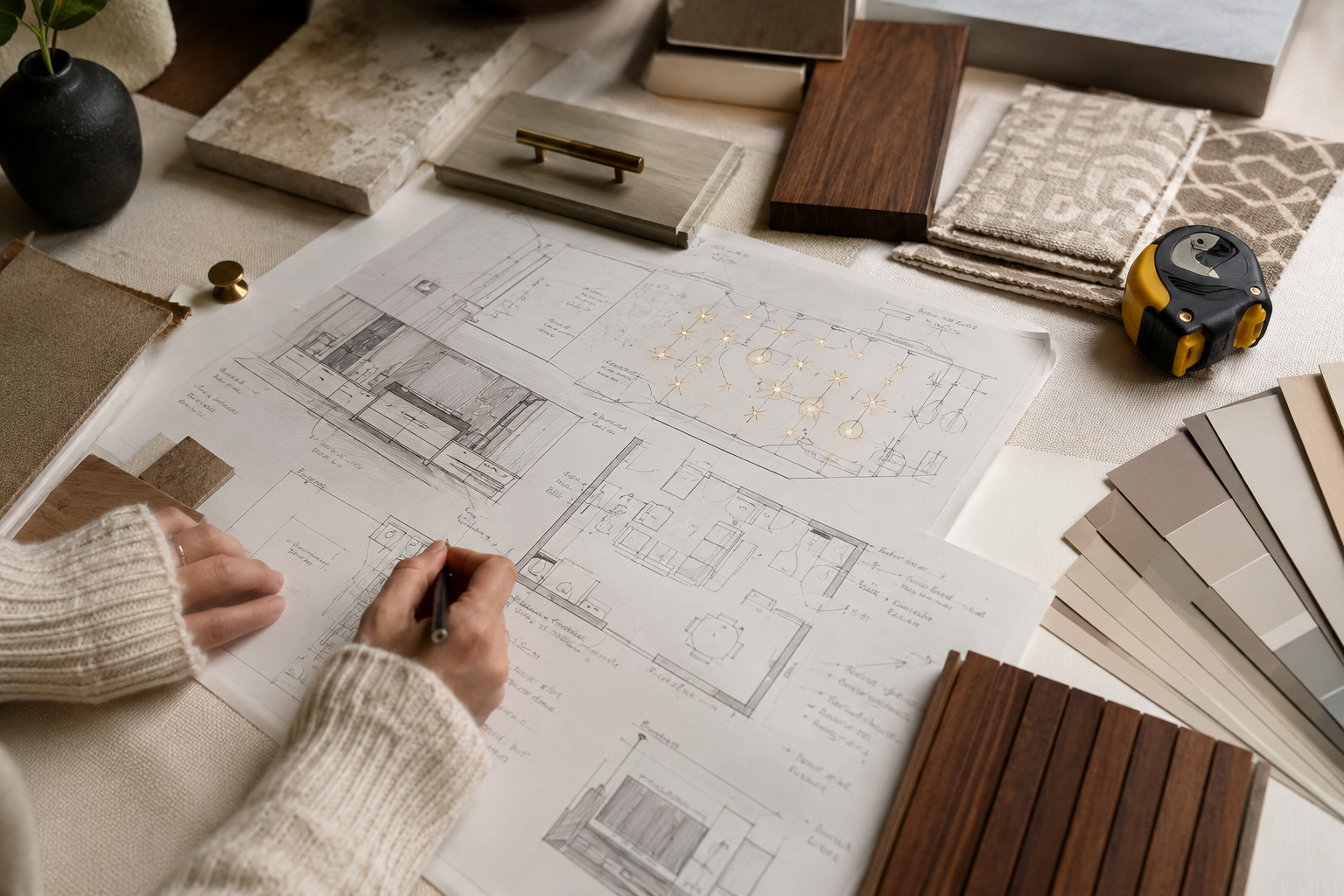 Renovation planning with lighting, socket placement, material samples and layout drawings