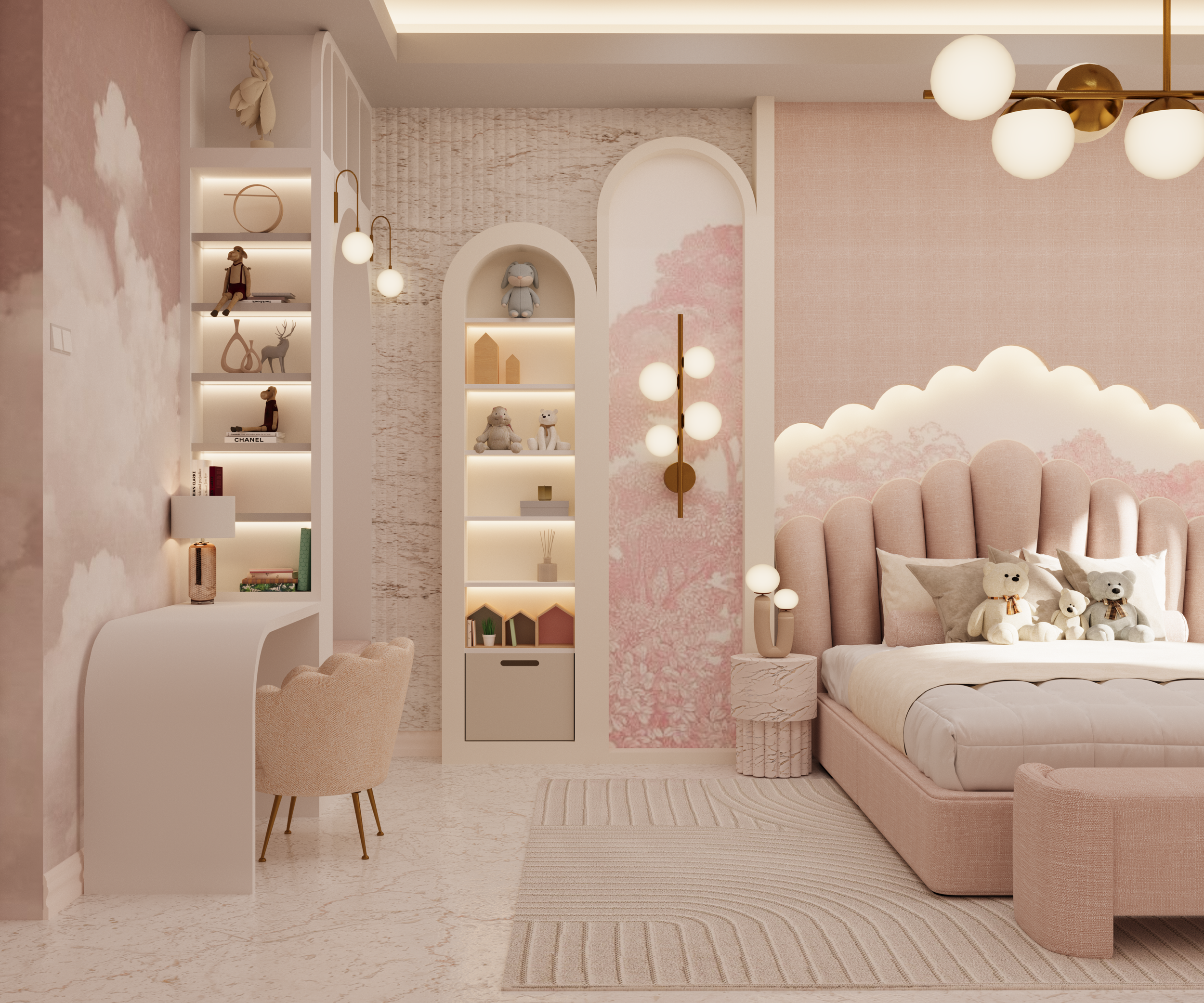 Luxury girls’ bedroom design in Leeds featuring bespoke joinery, custom upholstered furniture and imaginative interior styling for modern family homes.