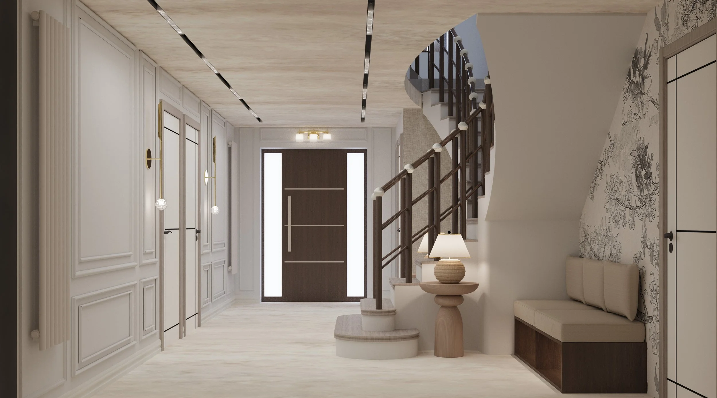 Interior view of a modern foyer with white paneled walls, a wooden front door with vertical glass panels, and a staircase with dark wood and white balusters. There is a small side table with a beige lamp and a bench with a cushioned seat and floral w