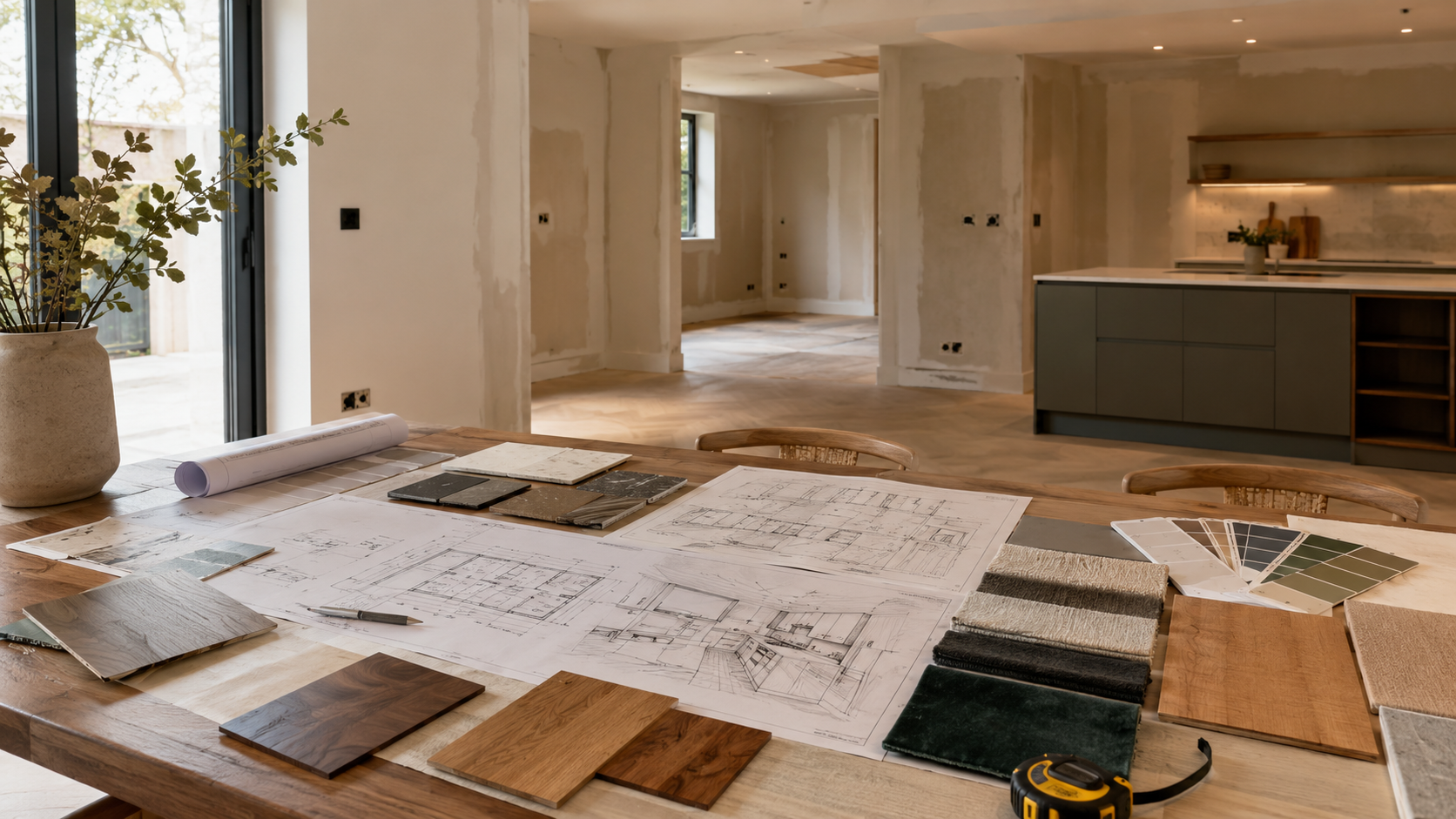 Interior design renovation planning with floor plans, material samples and a partially renovated open-plan home.