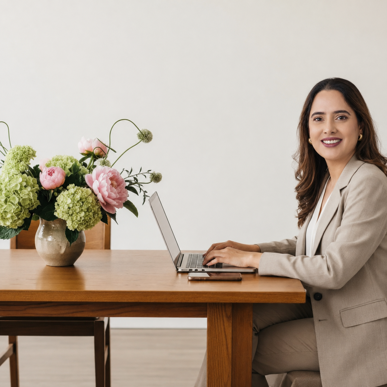 Huma Zareef, Leeds-based interior designer, working at a laptop for residential interior design and space planning.