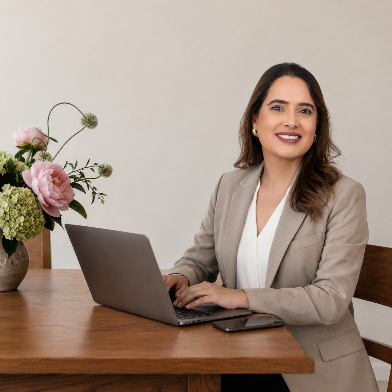 Huma Zareef, interior designer in Leeds, working at a laptop for online interior design support.