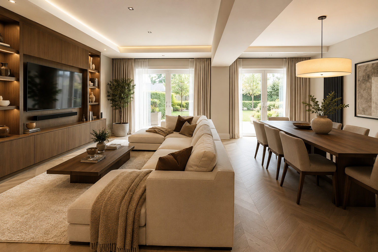 Open-plan living and dining room with clear furniture layout and comfortable circulation space