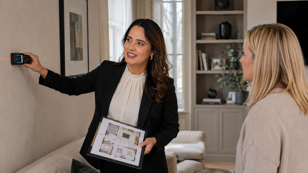 Interior designer measuring a living room and advising on layout, furniture scale and space planning.