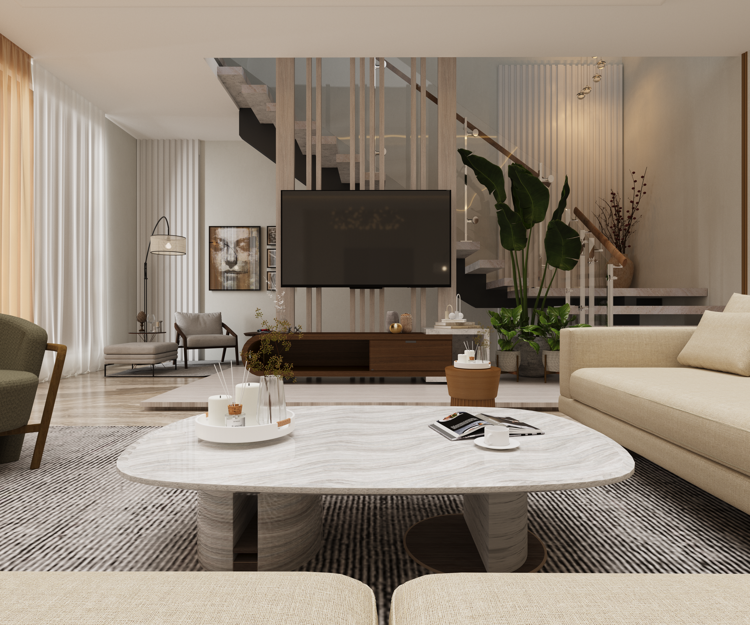 Calm modern living room interior design with neutral colours and considered furniture placement