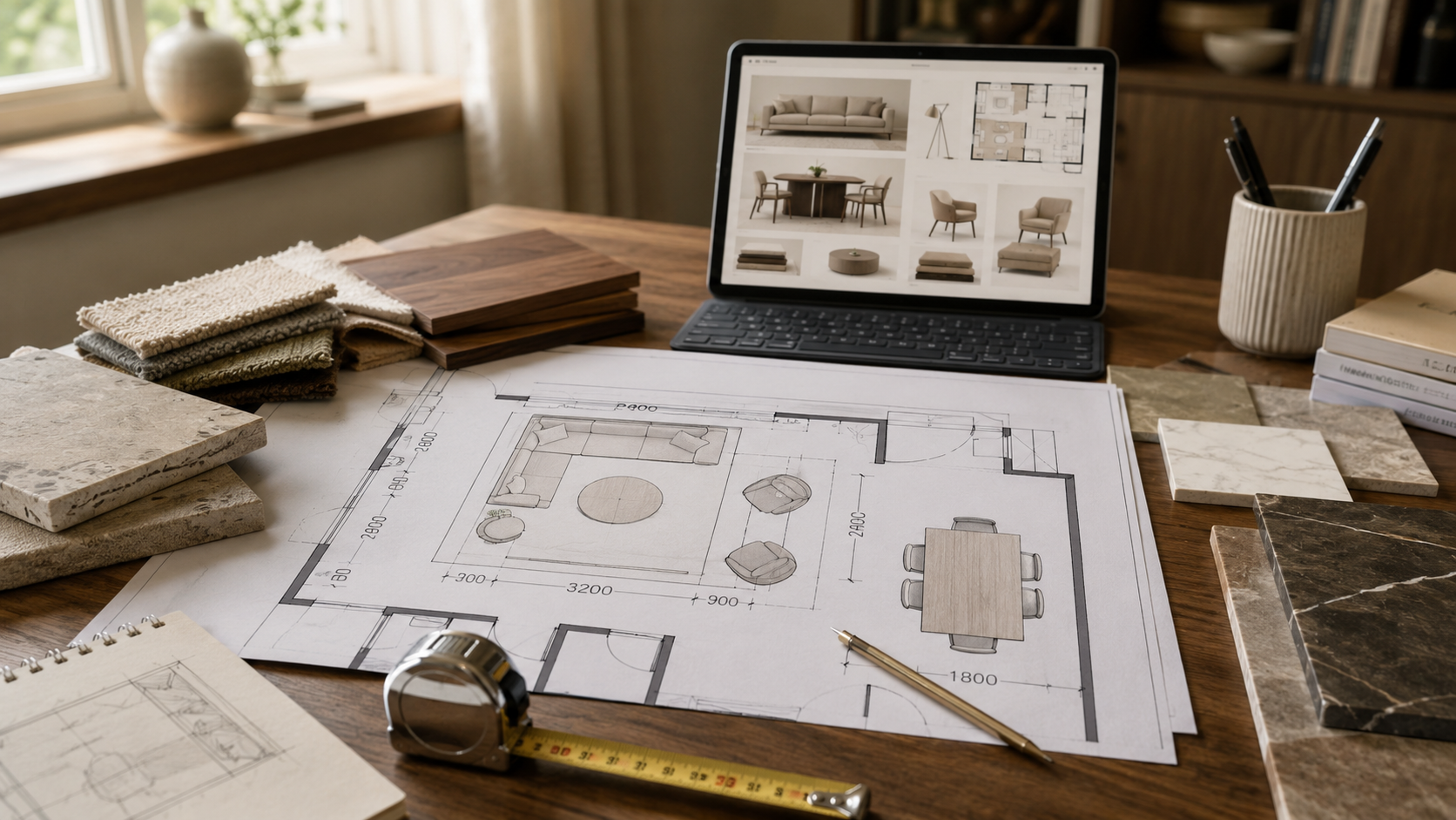 Furniture layout planning with floor plans, measurements and material samples before buying furniture