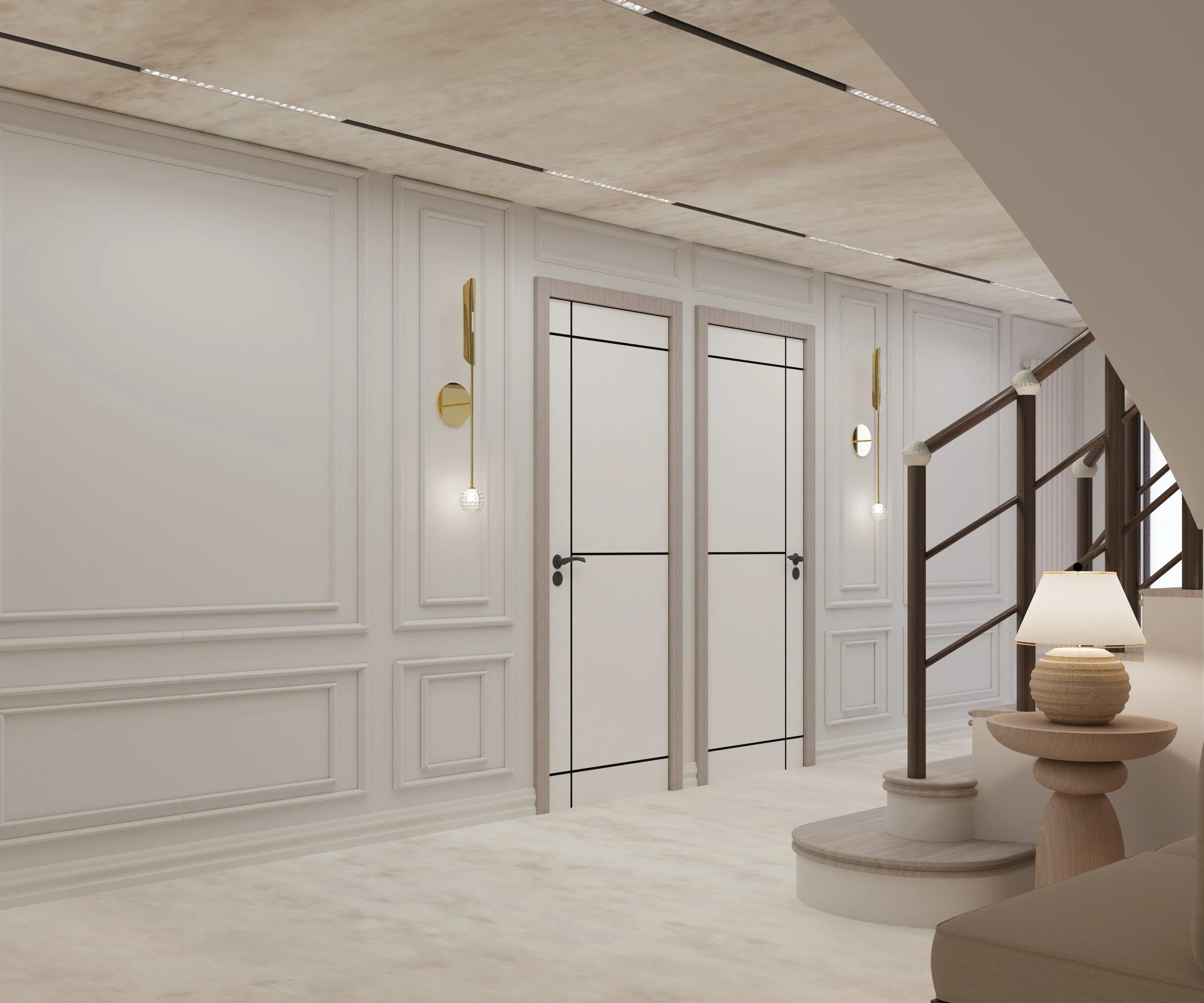 Residential hallway design in Leeds showcasing custom wall panelling, feature lighting and thoughtful space planning solutions.