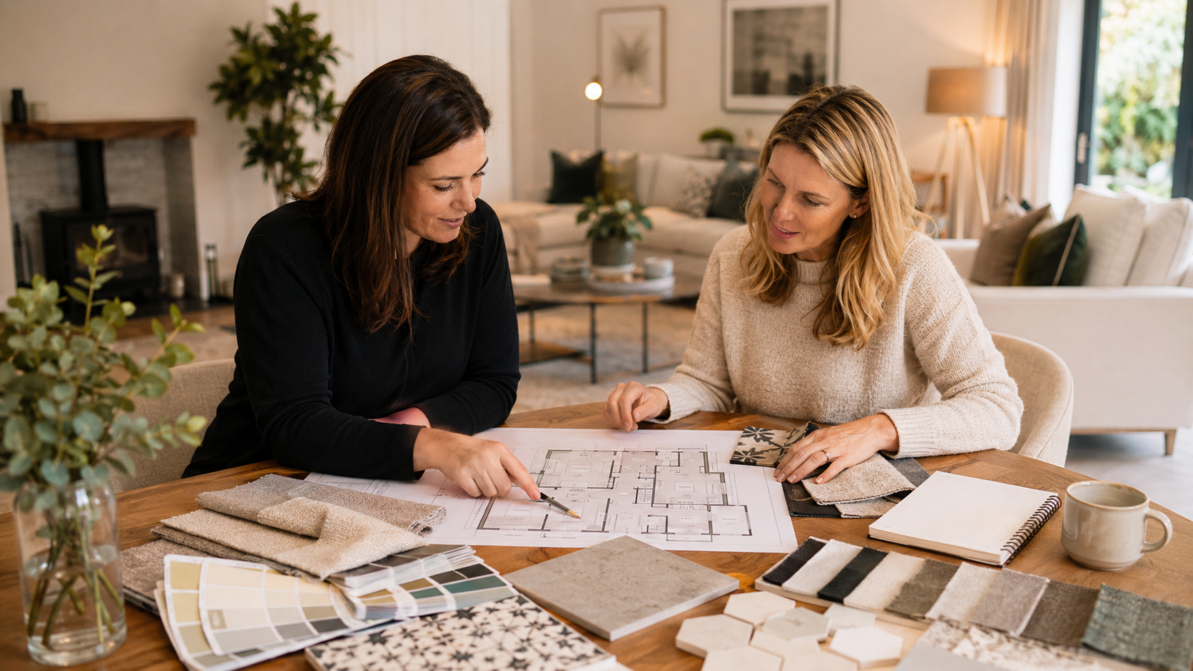 Room layout plan with fabric and material samples for space planning in Leeds