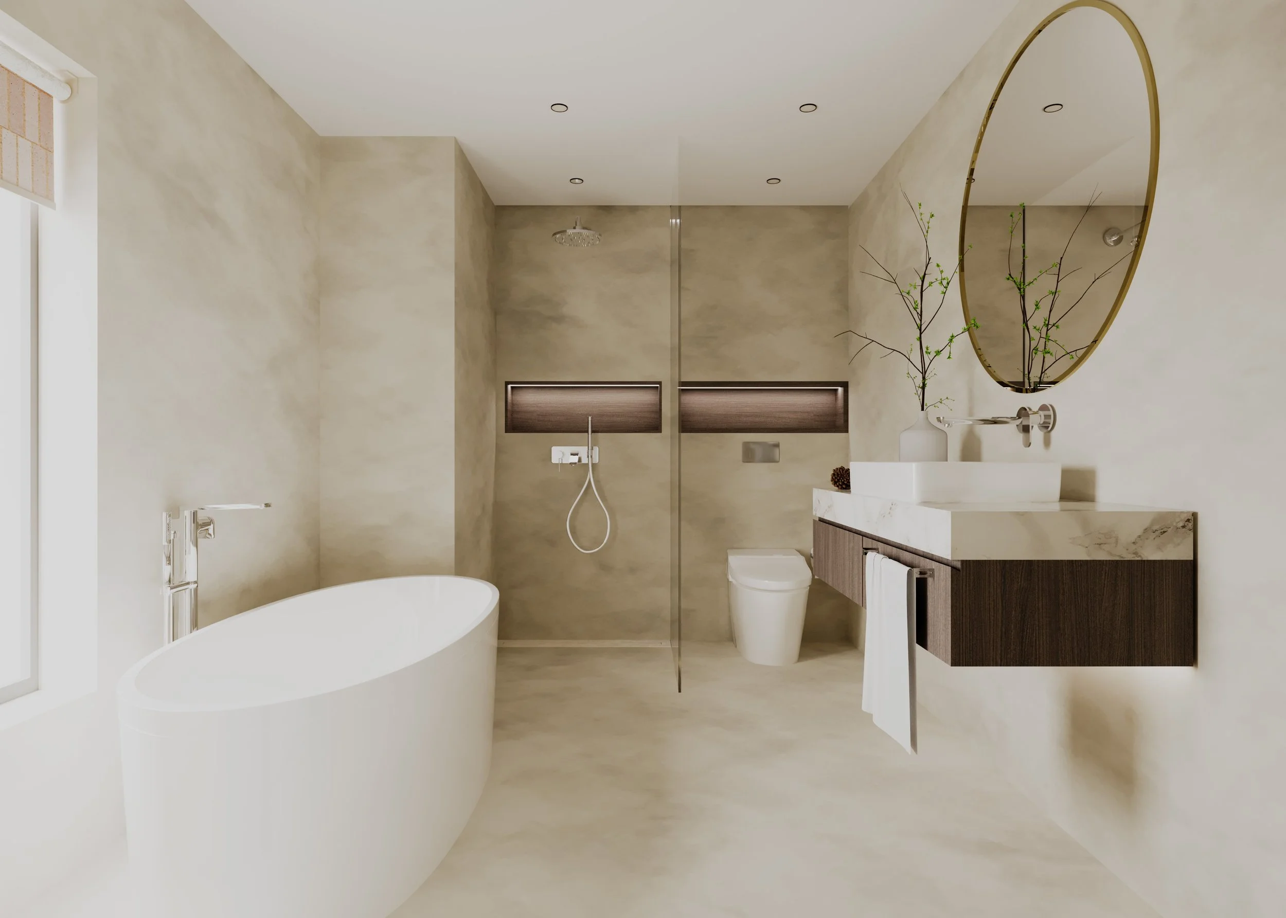 Luxury bathroom interior design project in Leeds featuring a freestanding bath, walk-in shower and bespoke bathroom styling.