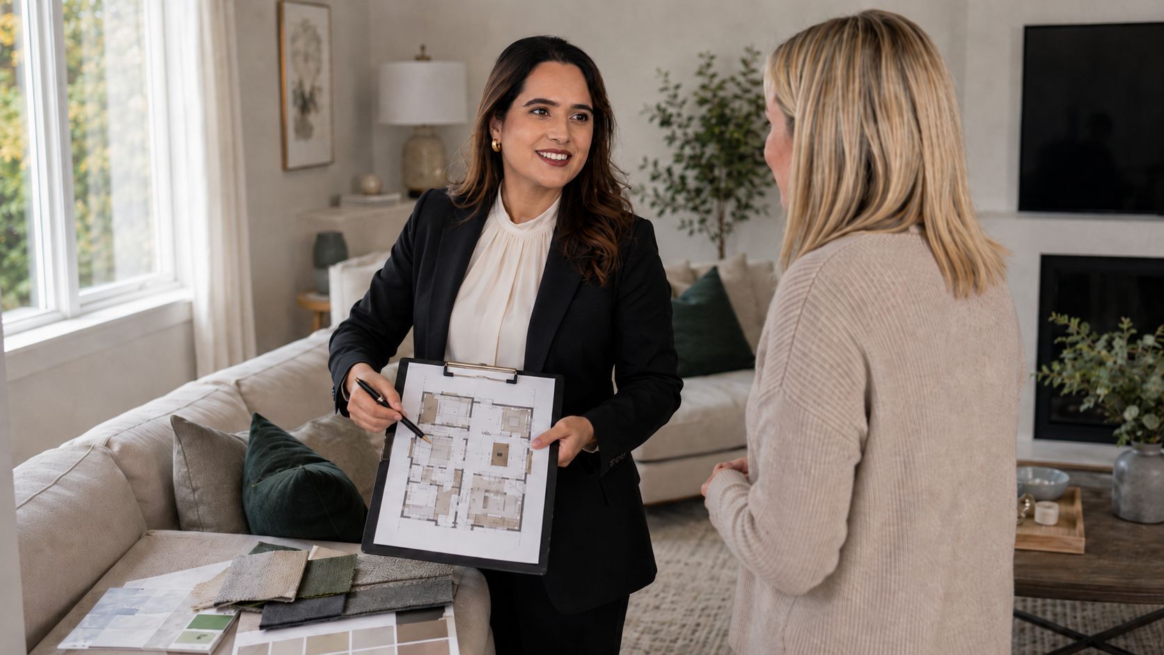 Homeowner preparing room photos, measurements and samples before an interior design consultation.
