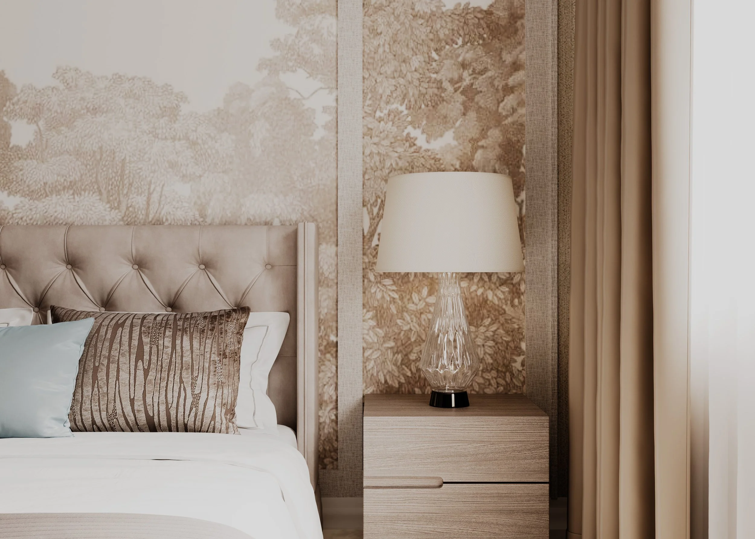 Luxury master bedroom design in Leeds showcasing custom headboard detailing, layered lighting and premium interior styling.
