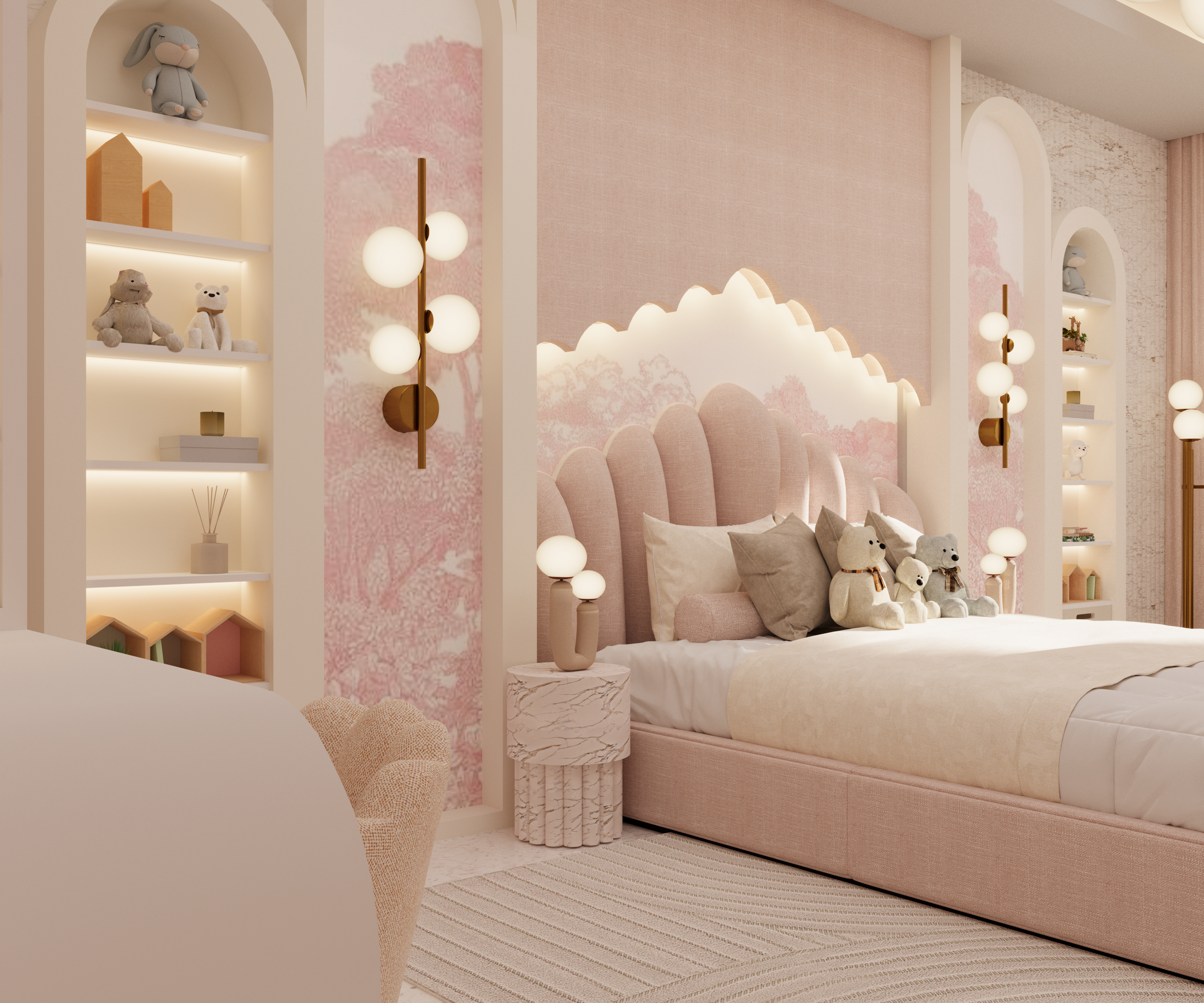 Luxury girls’ bedroom interior design in Leeds with bespoke joinery, custom wall features and imaginative space planning for modern family homes.