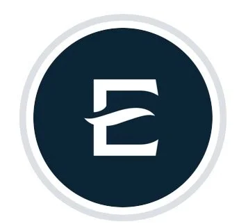 A circular logo with a stylized letter 'E' in the center, on a dark background.