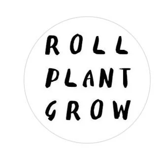 Circular logo with the words 'ROLL PLANT GROW' written in black, hand-drawn font.