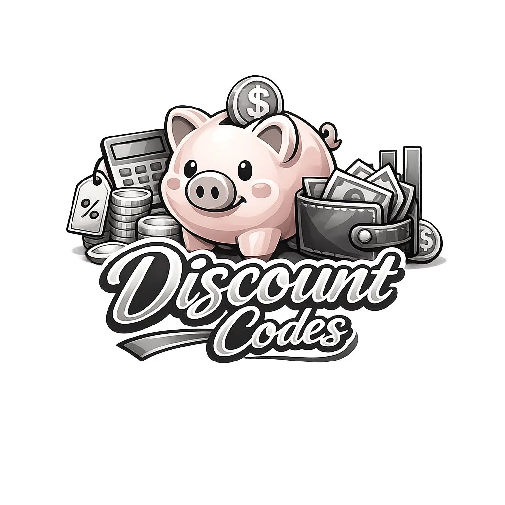Cartoon piggy bank surrounded by coins, dollar bills, calculator, and wallet with the text 'Discount Codes' underneath.