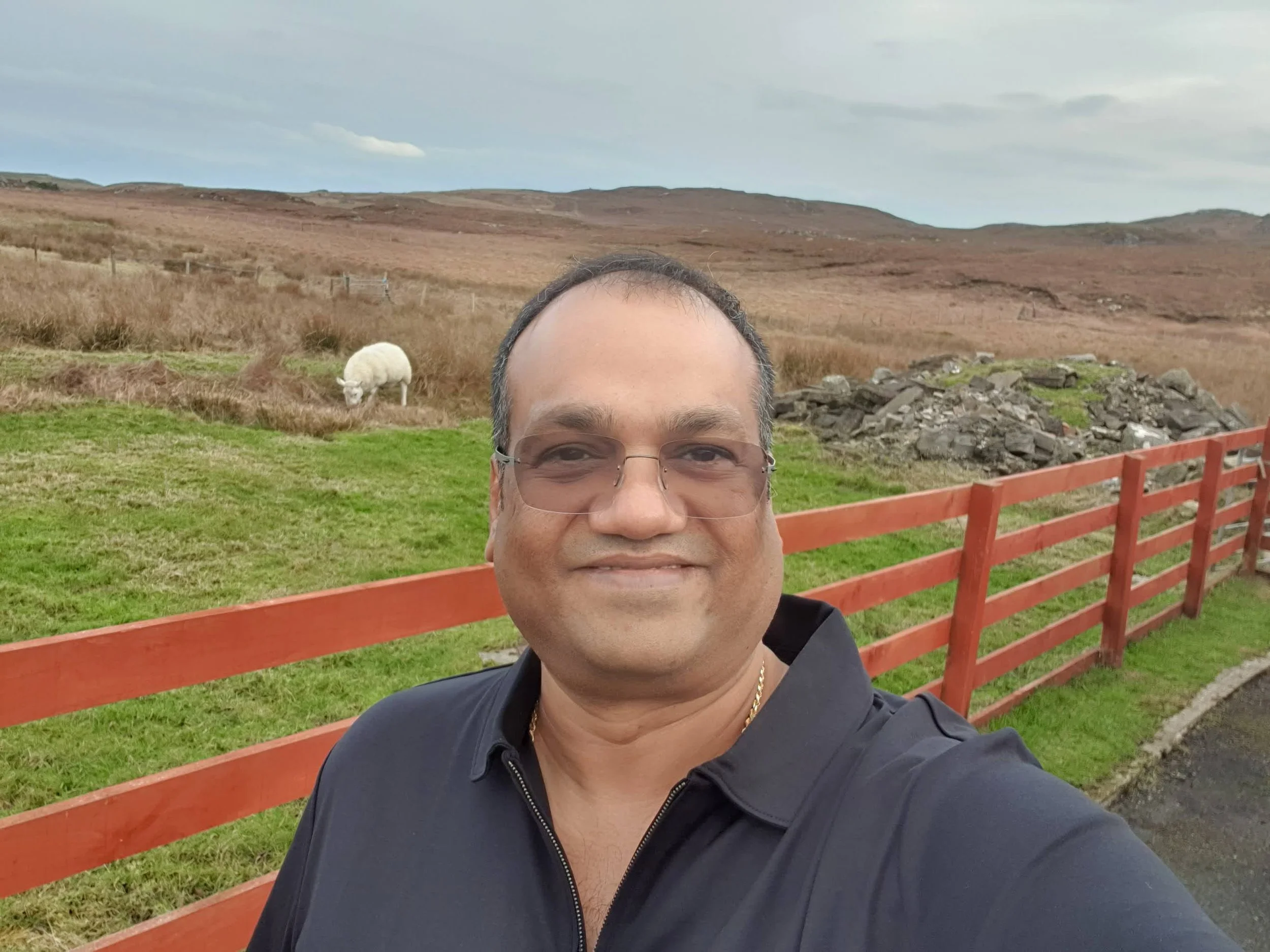 Man taking a selfie outdoors with a sheep grazing in the background, grassy area, wooden fence, and rolling hills under overcast sky.