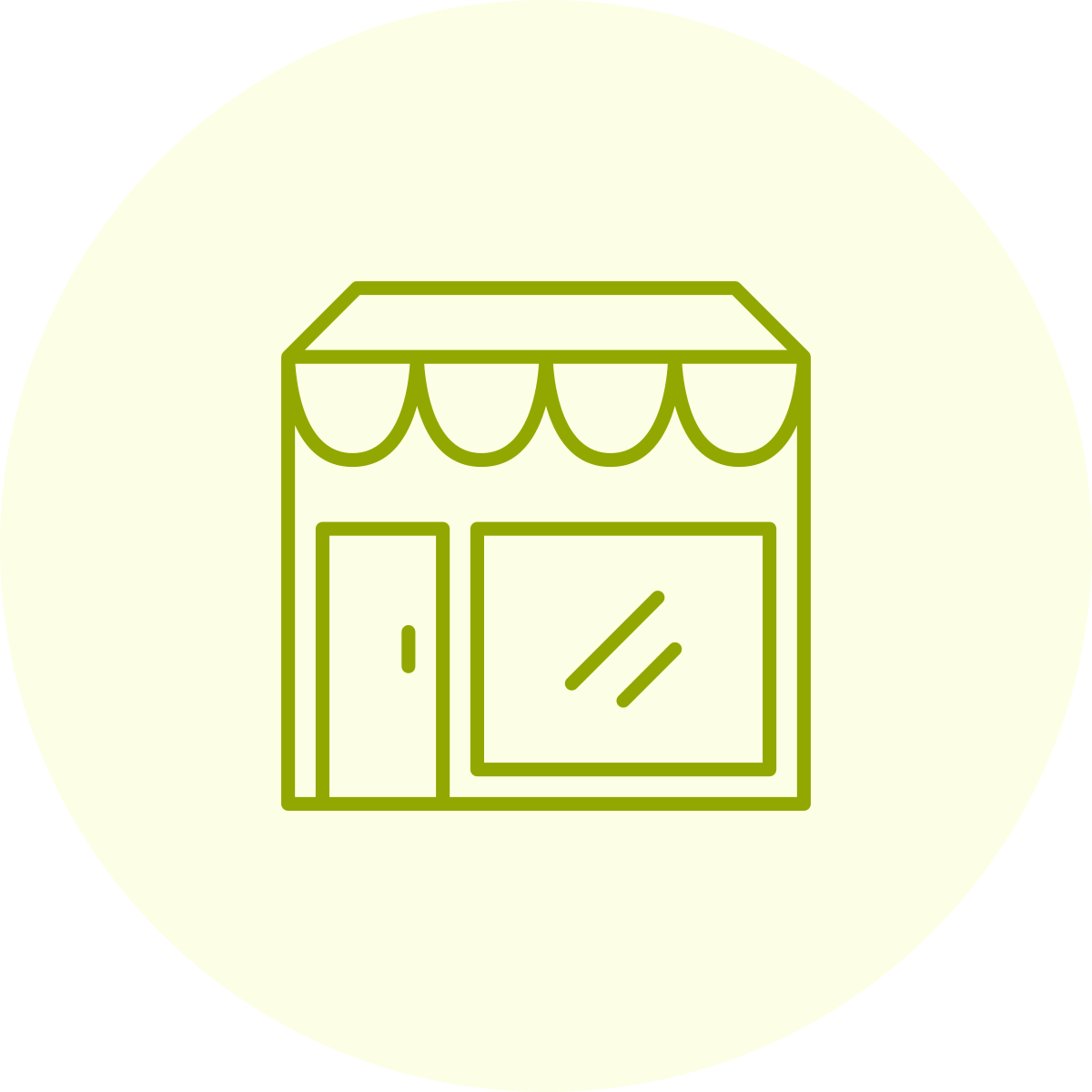 Een eenvoudige groene lijntekening van een winkel of kiosk met een deur, een groot raam, en een schaduwachtige luifel met golvende rand op een cirkelvormige lichte achtergrond.