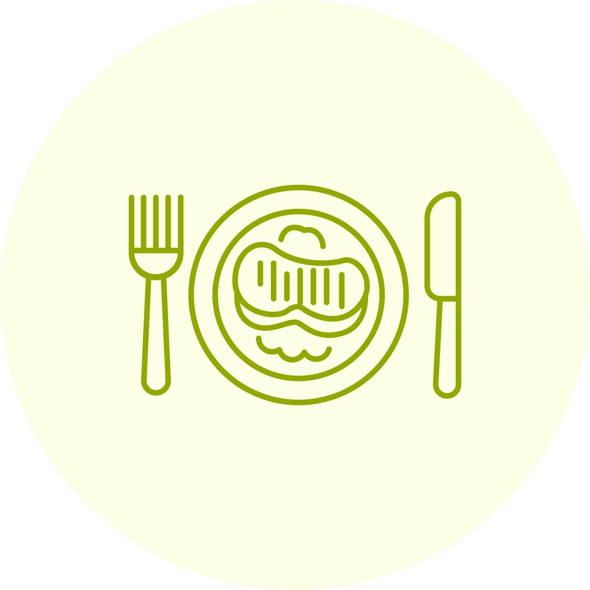 Illustratie van een bord met eten, vork aan de linkerzijde en mes aan de rechterzijde, in minimalistische lijnstijl, groen op een lichte achtergrond.