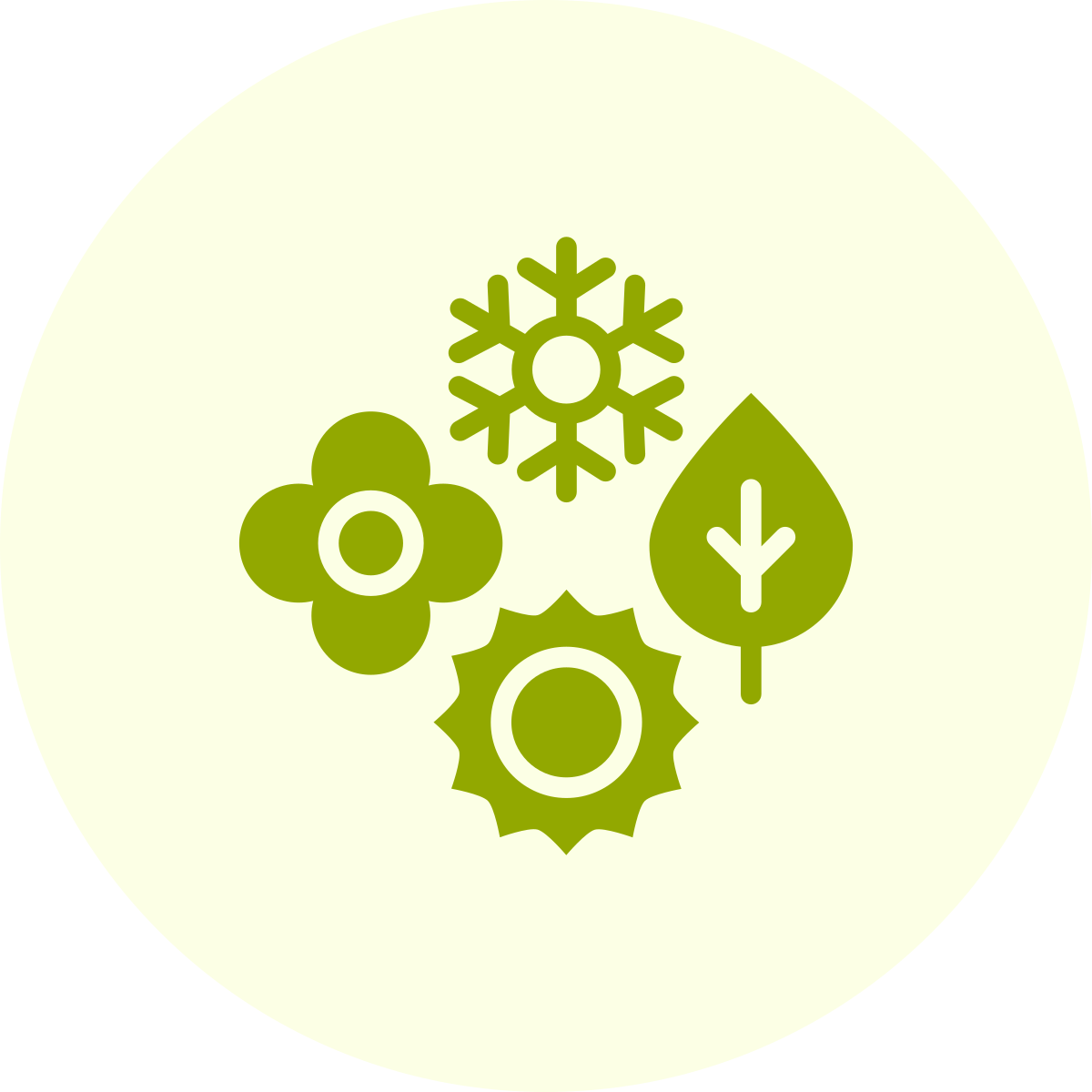 Groen milieupictogram met een sneeuwvlok, bloem, druppel en zon