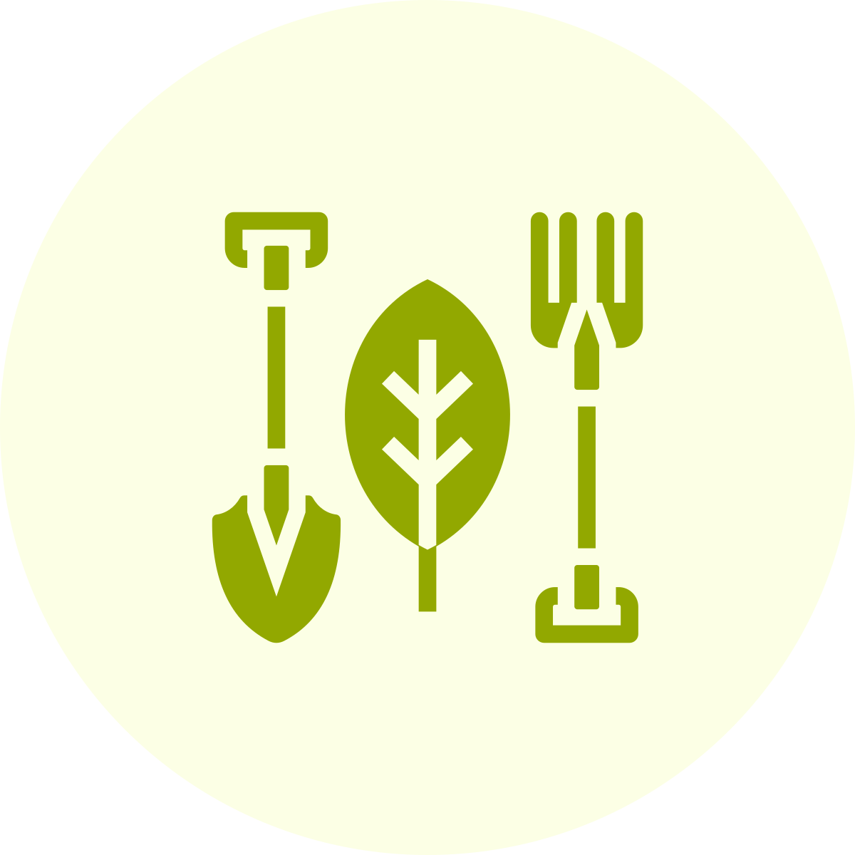 Groene iconen van een schop, een blad en een tuingereedschap op een lichte achtergrond.