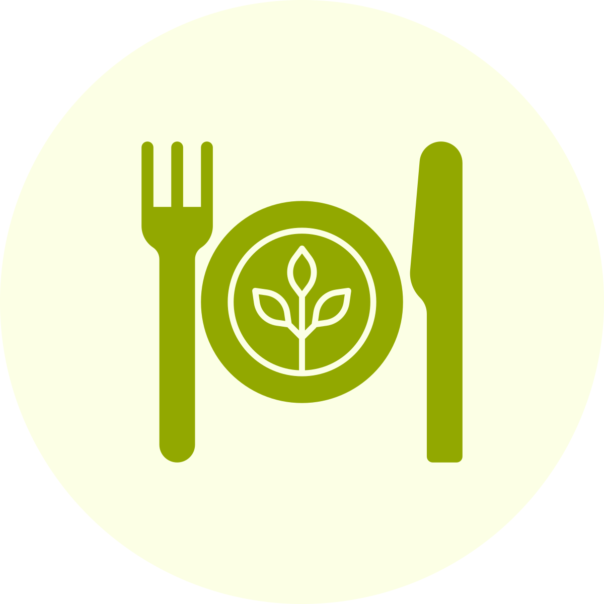 Groen pictogram van een vork, een bord met een boomblad erop en een mes, symboliseert milieuvriendelijk of biologisch eten.