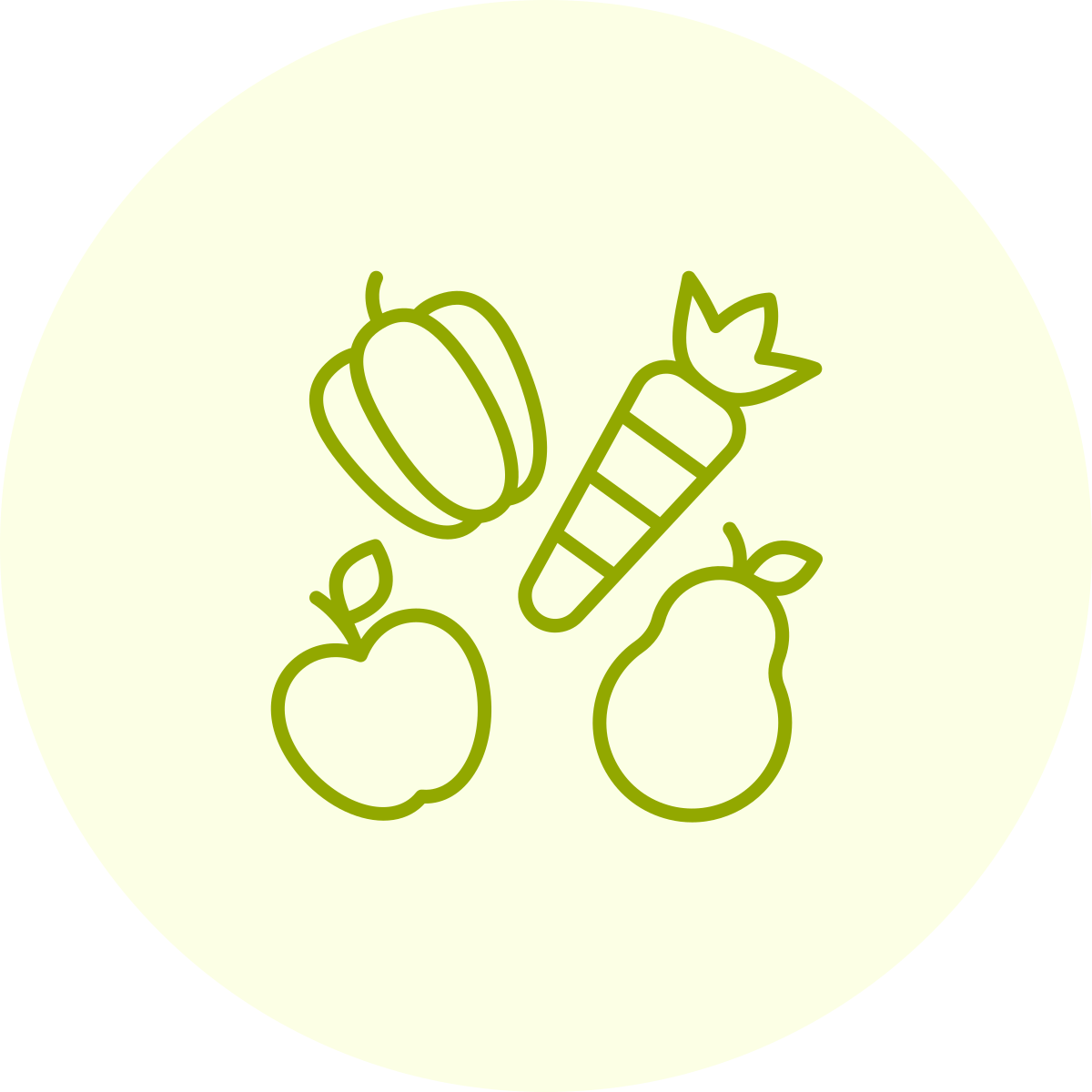 Groene lijntekening van een paprika, wortel, appel, peer en courgette op een lichtgele achtergrond.