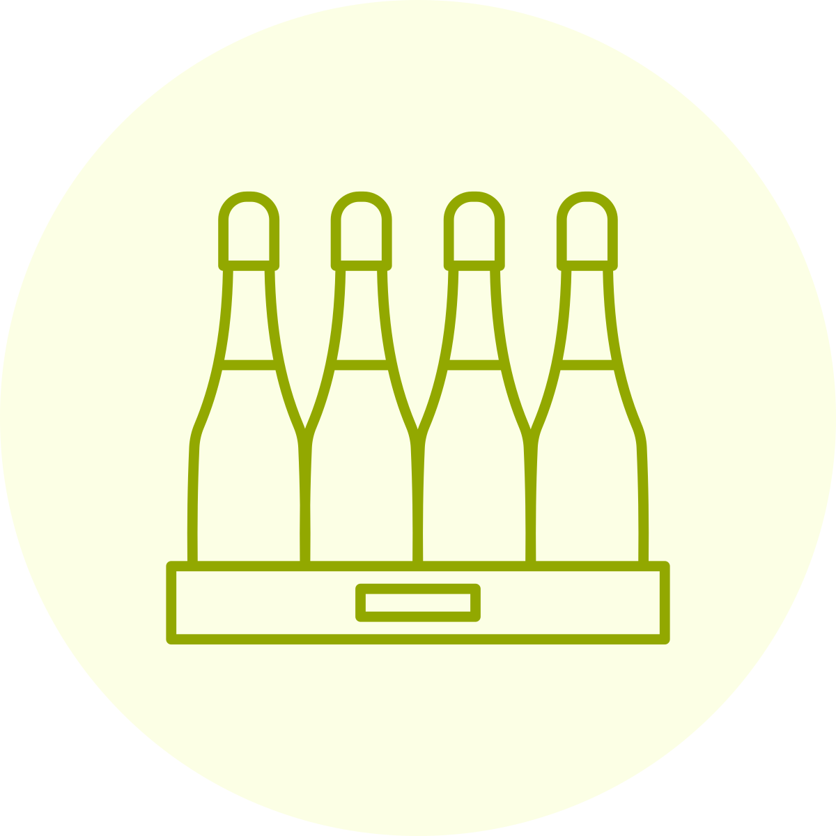 Illustratie van vier biertjes in een krat, lijntekening in groen op een lichtgele achtergrond.