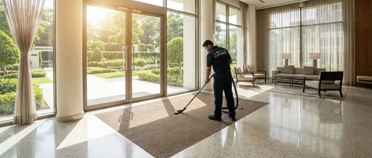 Lobby cleaning service with vacuuming in a residential building.