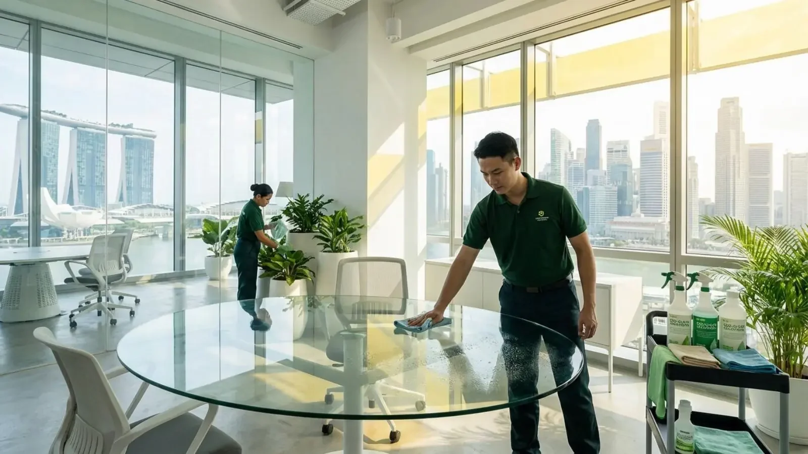 Two employees cleaning a modern office with large windows.
