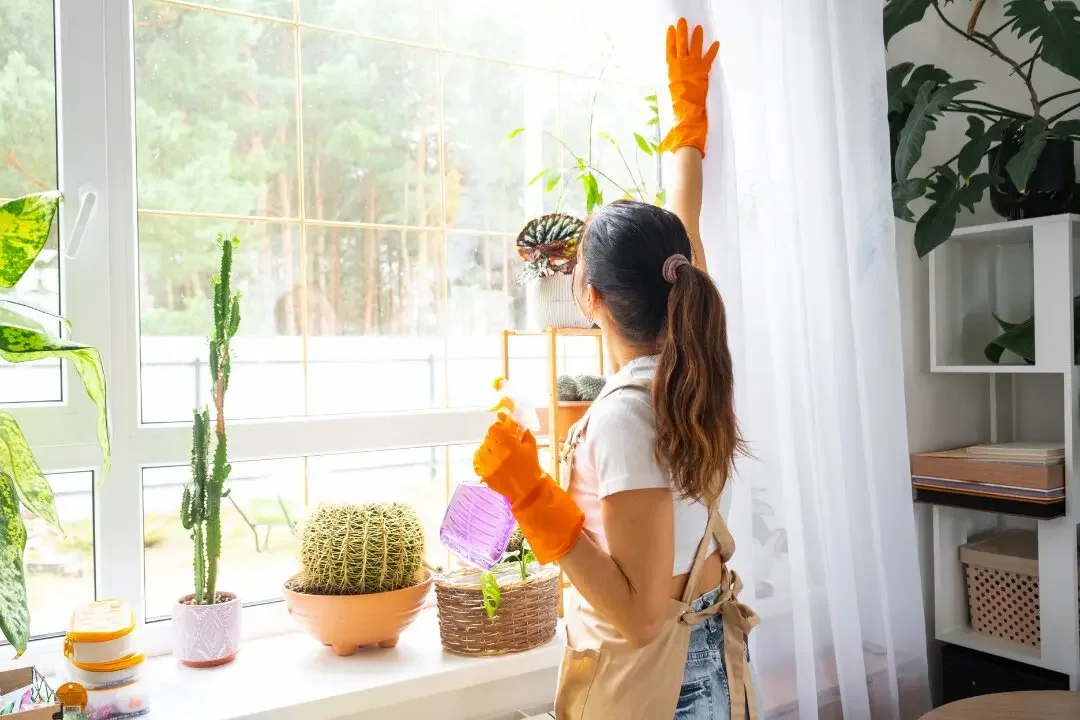 Rental property cleaning service in a bright living space with indoor plants.