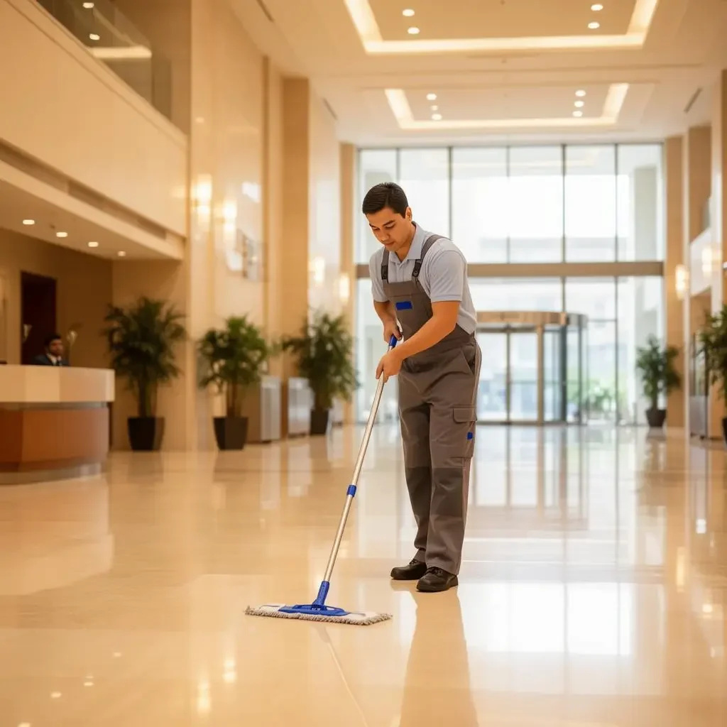 Floor cleaning in a shared building space with modern interior.