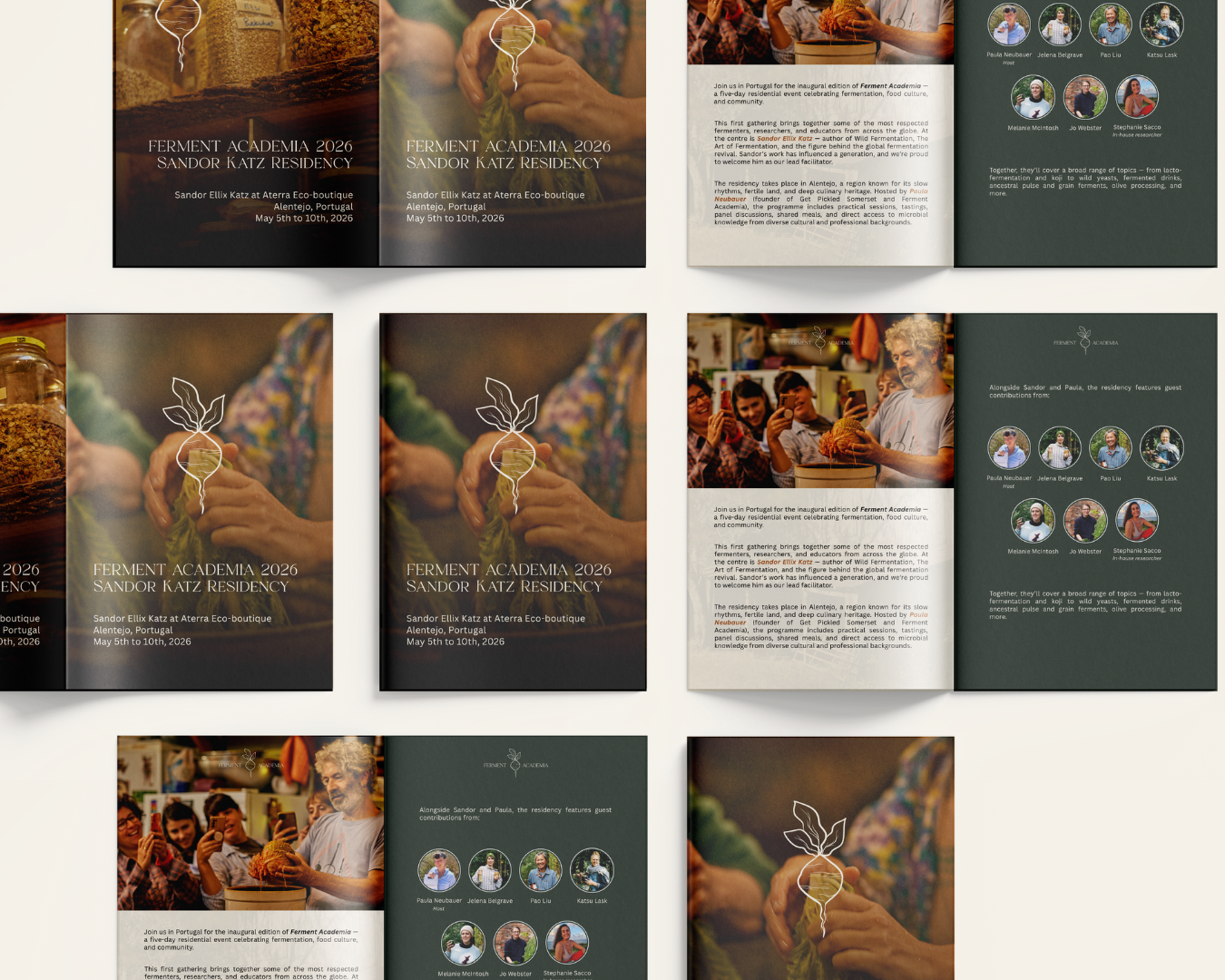 Event flyers and brochures for Ferment Academia 2026 Sandor Katz showcasing fermentation workshops and residency experience in Portugal