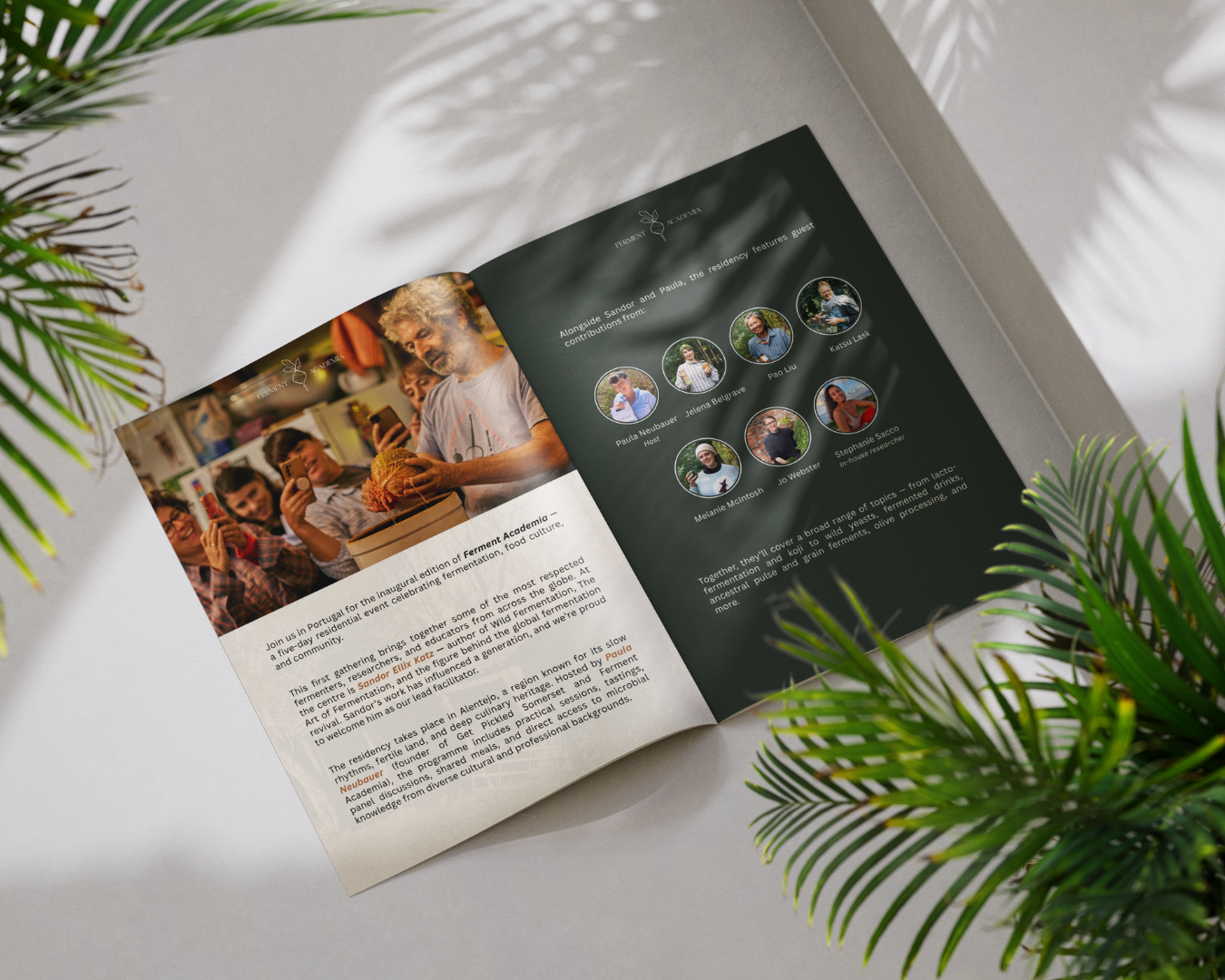 Open Ferment Academia brochure showing residency schedule, educators, and fermentation workshop details