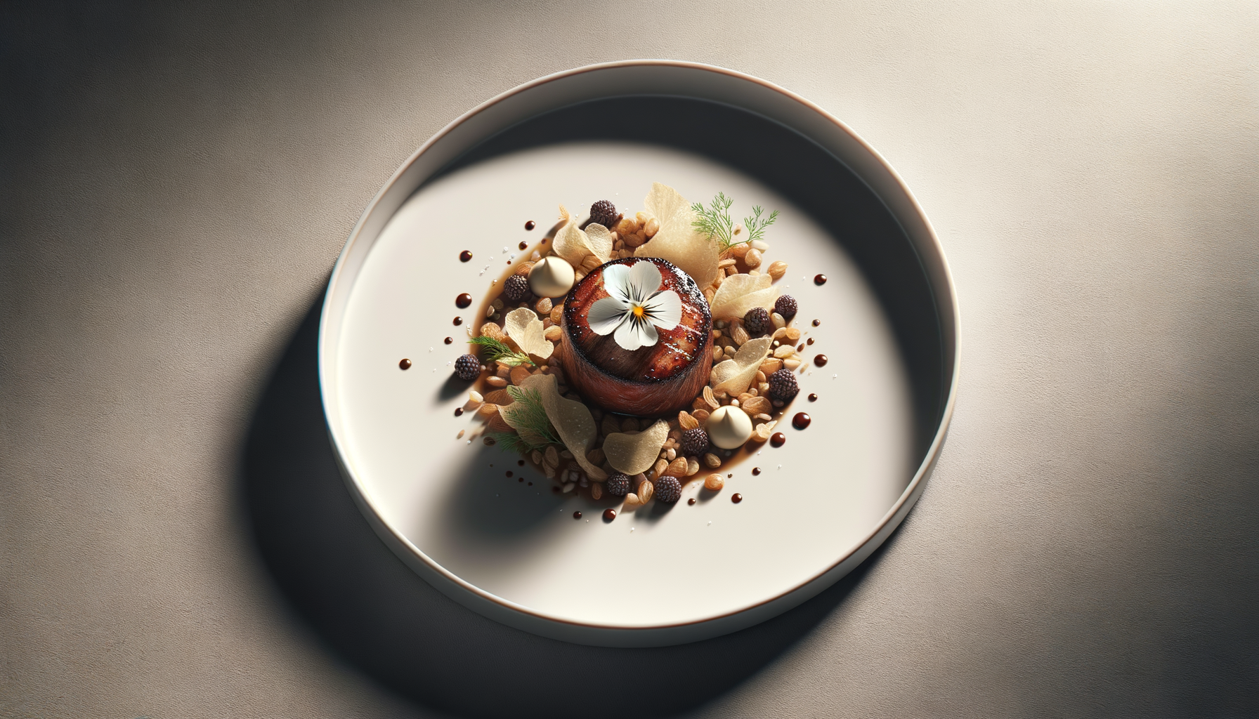 Elegant plated dessert featuring a caramelized apple topped with an edible flower, surrounded by edible leaves, berries, nuts, and drizzles of sauces on a white plate.