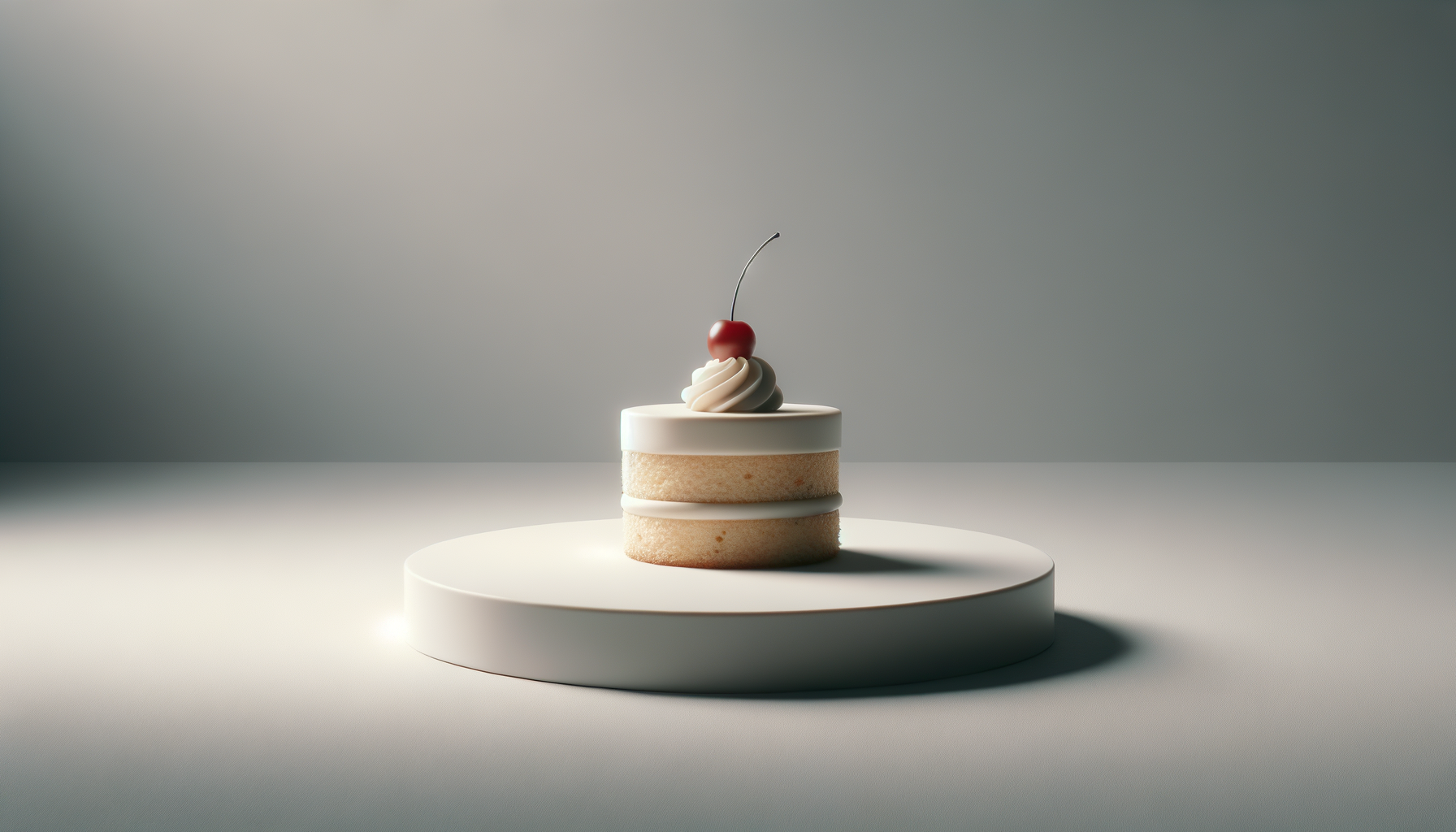 A small layered cake with white frosting and a cherry on top, placed on a round white platform.