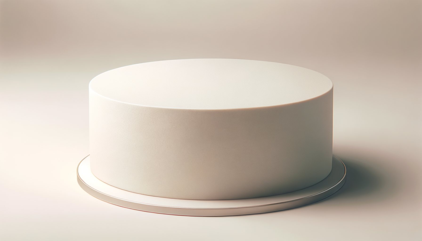 A plain, white, cylindrical cake on a metallic cake board against a neutral background.