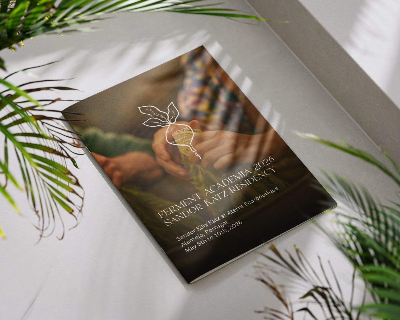 Ferment Academia brochure cover for fermentation residency in Portugal, featuring hands-on food and fermentation imagery