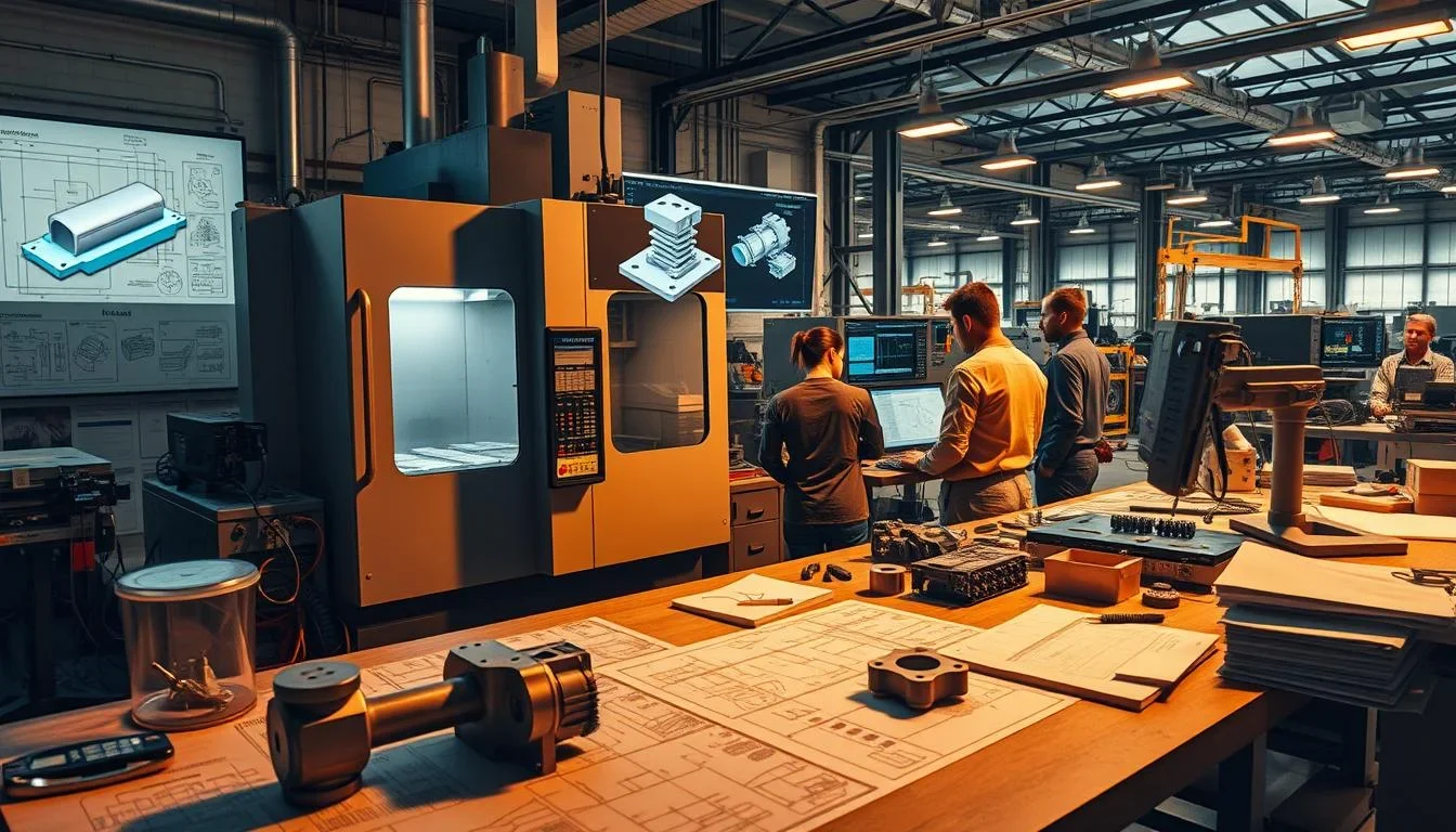 Engineers working in an industrial manufacturing lab with CAD drawings, industrial machines, and technical equipment on workbenches.