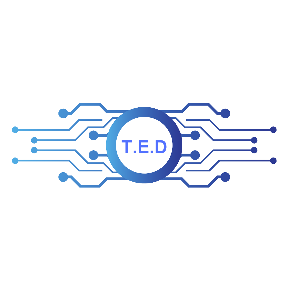 Digital circuit lines leading to a central circle with the text 'T.E.D' inside, symbolizing technology or artificial intelligence.