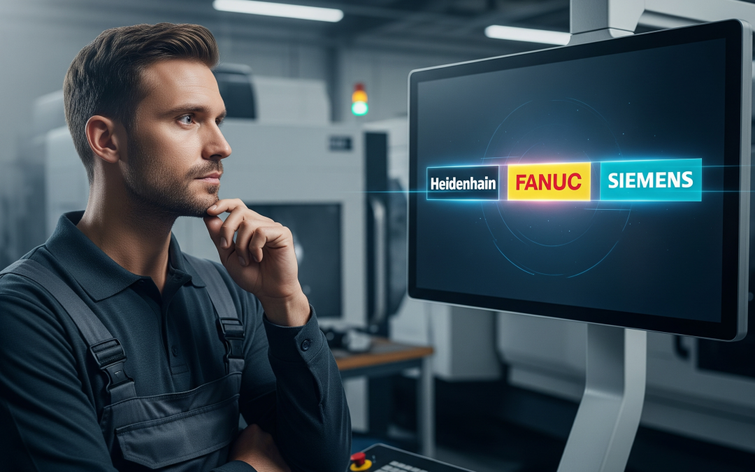 A man in work attire standing in front of a computer monitor displaying images of industrial brands Heidenhain, FANUC, and SIEMENS in a manufacturing or industrial setting