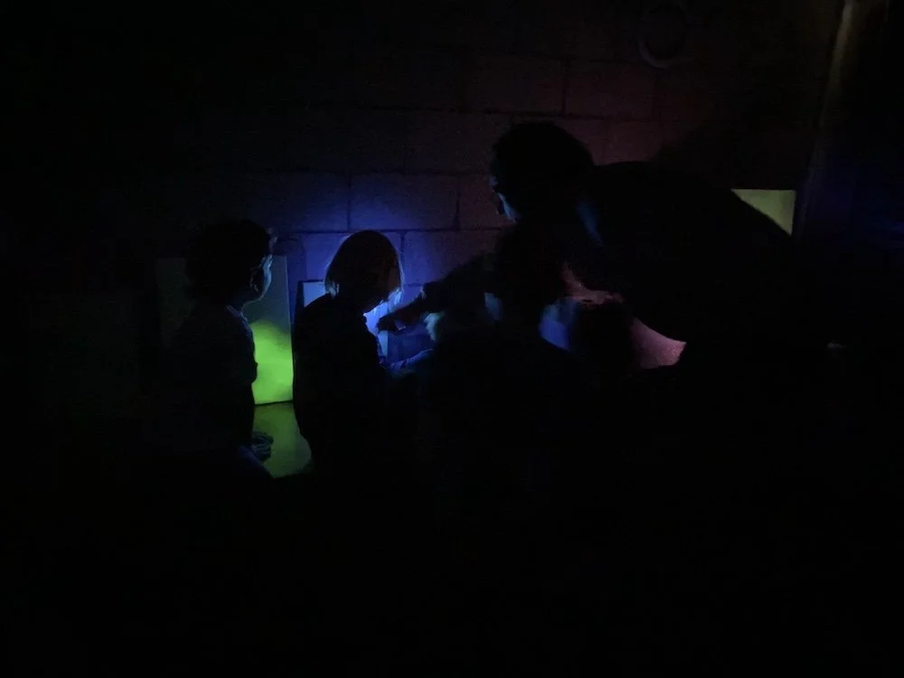 Silhouettes of children and an adult in a dark room with colorful lighting, possibly playing a game or using a computer.