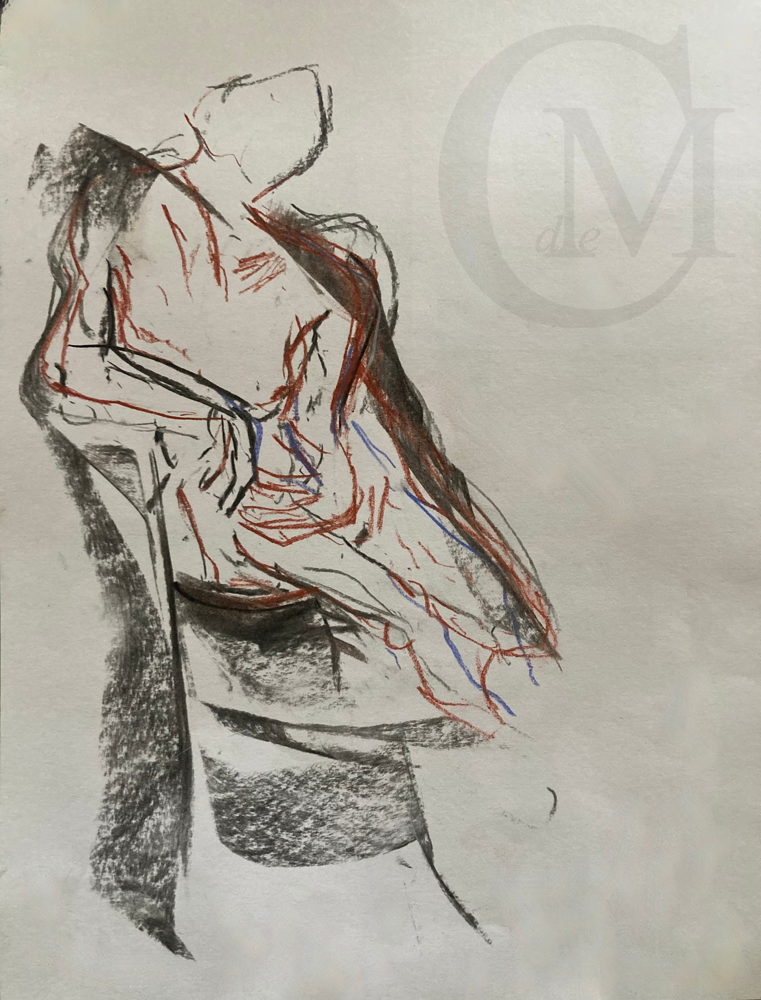 A sketch of a seated woman drawn with black, red, and blue lines, with a textured dark shadow on the left side of the image.
