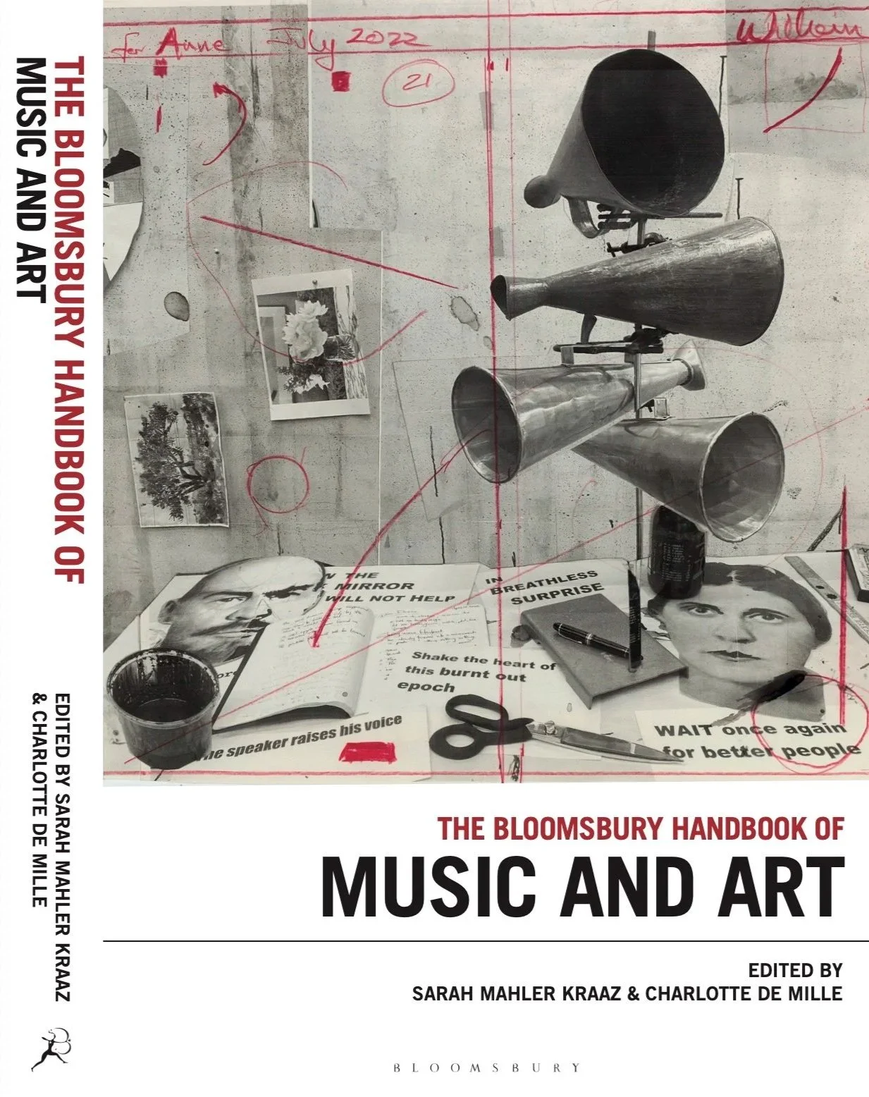 Book cover titled 'The Bloomsbury Handbook of Music and Art,' edited by Sarah Mahler Kraaz and Charlotte de Mille. The cover features a desk with a pen, scissors, and photographs of a man and woman, along with a cup of coffee, and a collage of images and notes in the background, including a telephone and flowers.