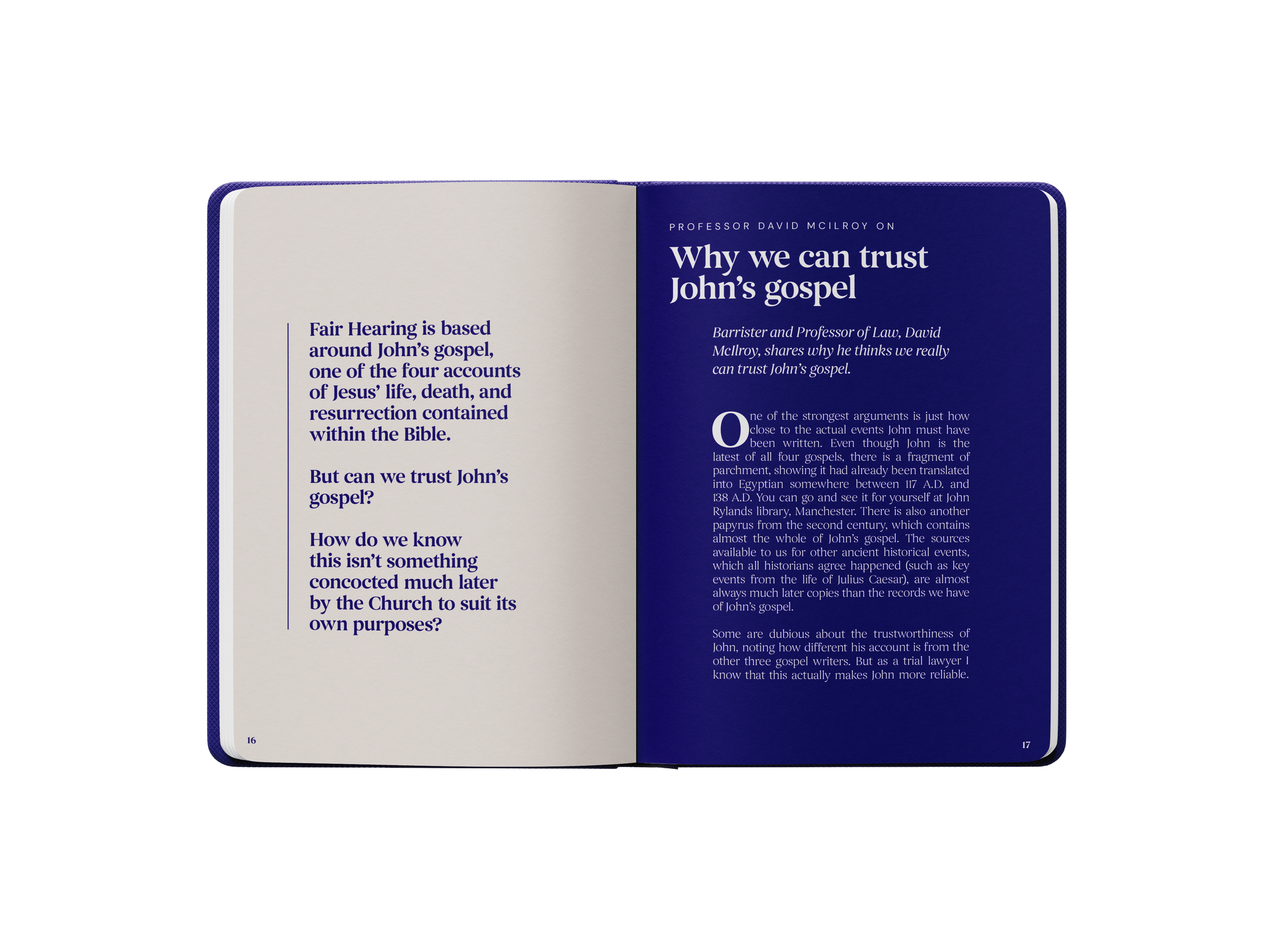 Open book spread titled “Why we can trust John’s gospel,” featuring text by Professor David McIlroy about the historical reliability of John’s Gospel.