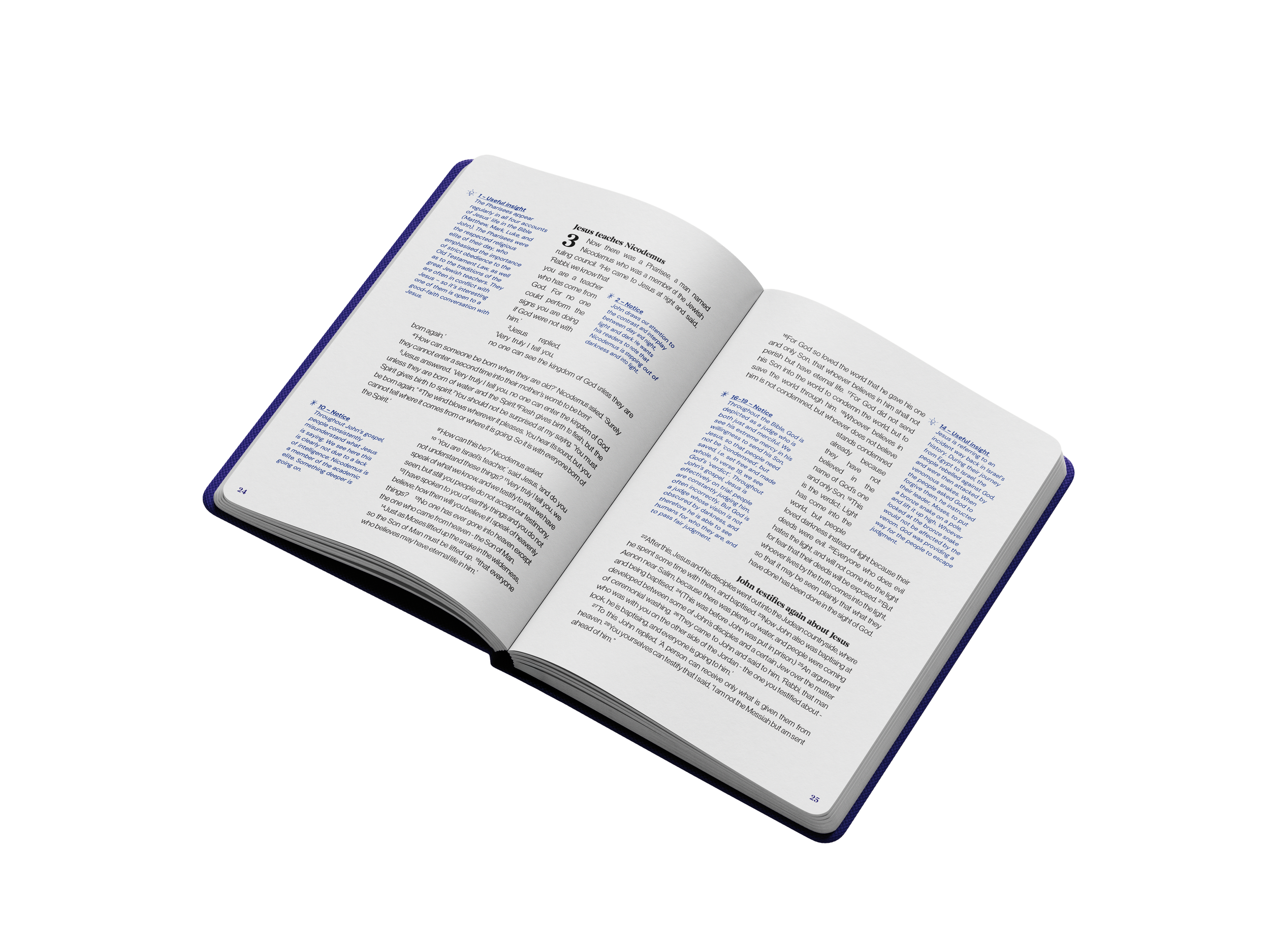 Open Bible showing John chapters 3 and 4 on pages 24–25
